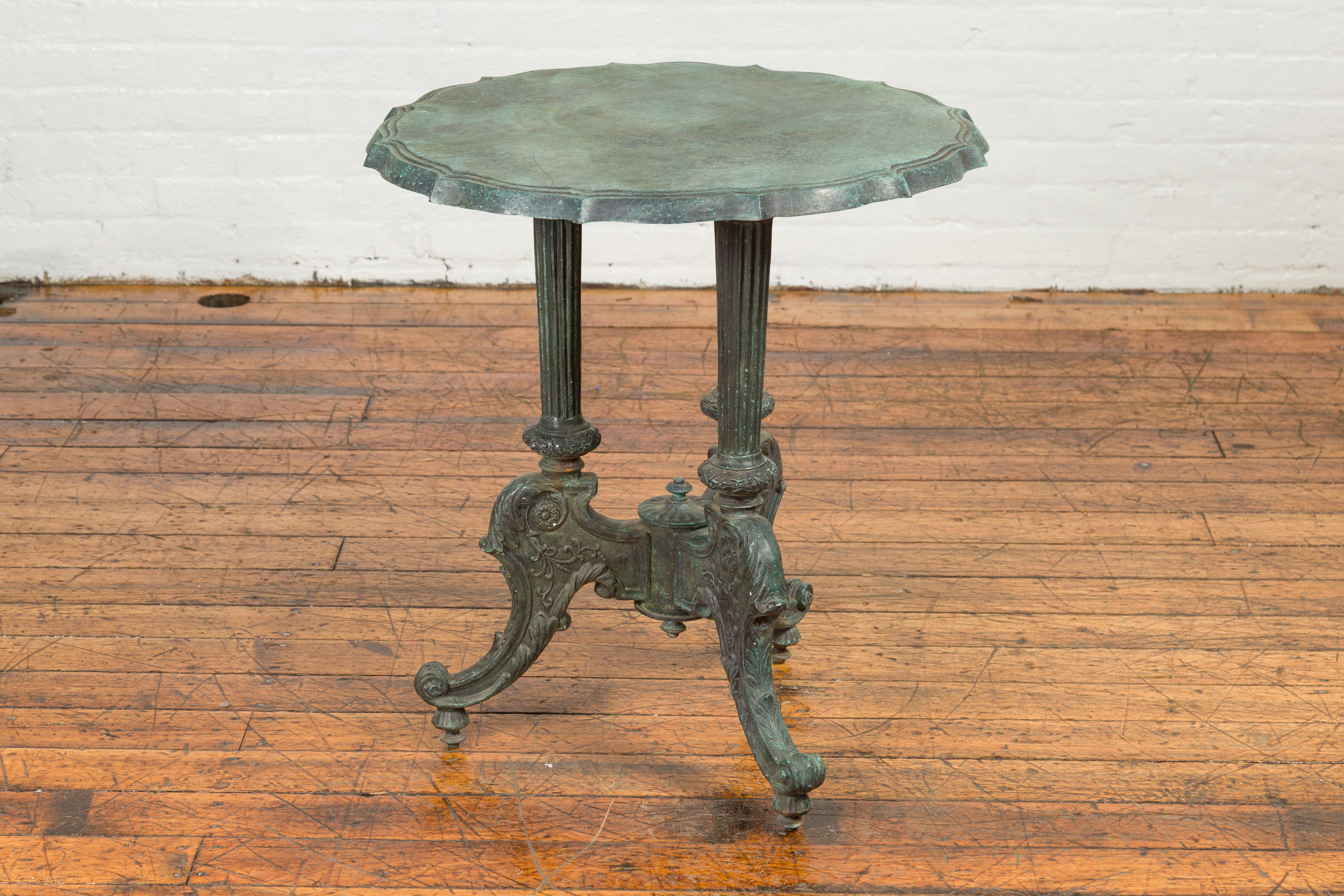 Contemporary Classical Verde Bronze Round Pie Crust Top Table with Fluted Legs, Tripod Base