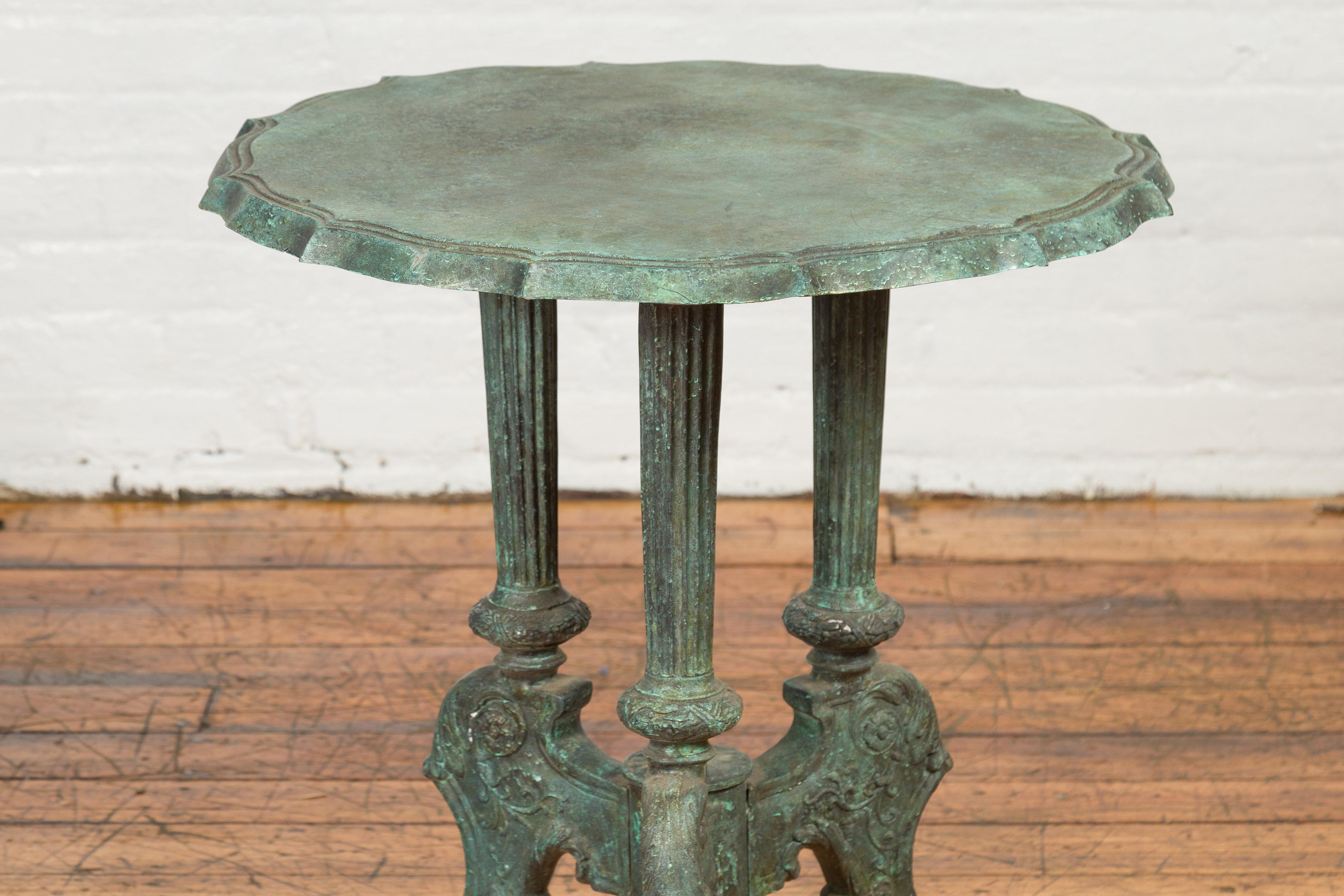 Classical Verde Bronze Round Pie Crust Top Table with Fluted Legs, Tripod Base 2