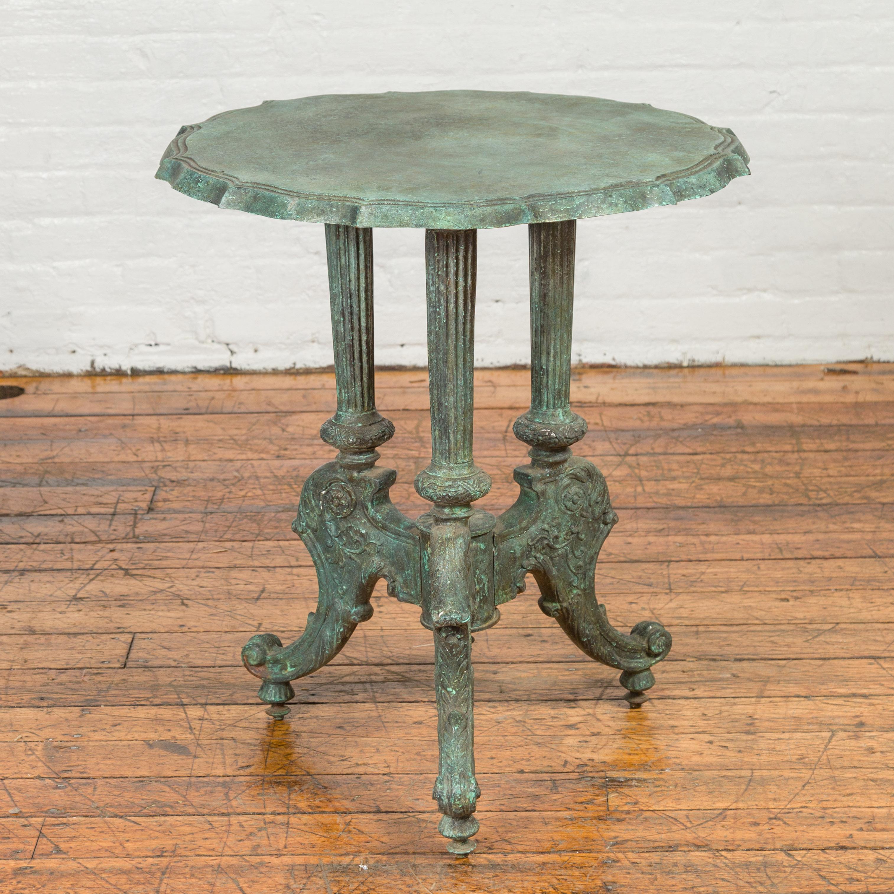 Classical Verde Bronze Round Pie Crust Top Table with Fluted Legs, Tripod Base 1