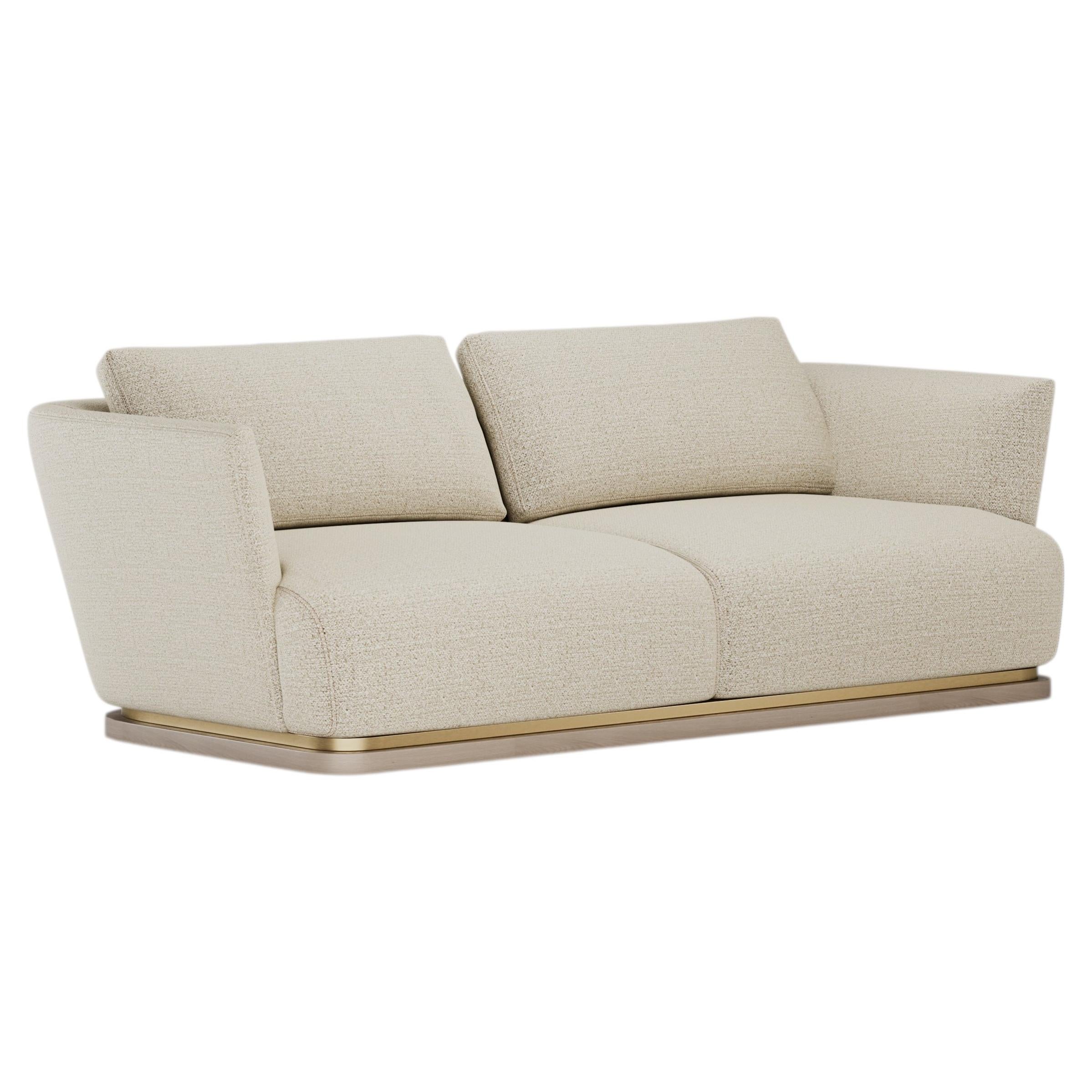 Contemporary Verona Sofa with Brass Detailing, Wooden Base and Beige Fabric