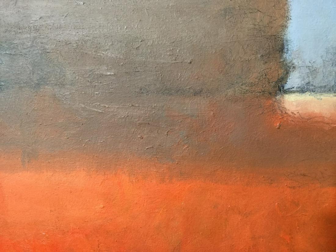 Oil painting is composed of vibrant orange tones mingled with neutral brown and grey tones. Verso is titled and signed illegibly. Canvas measures approximate 20 inches squared in height and width. Signed original artwork, abstract Modernist art,
