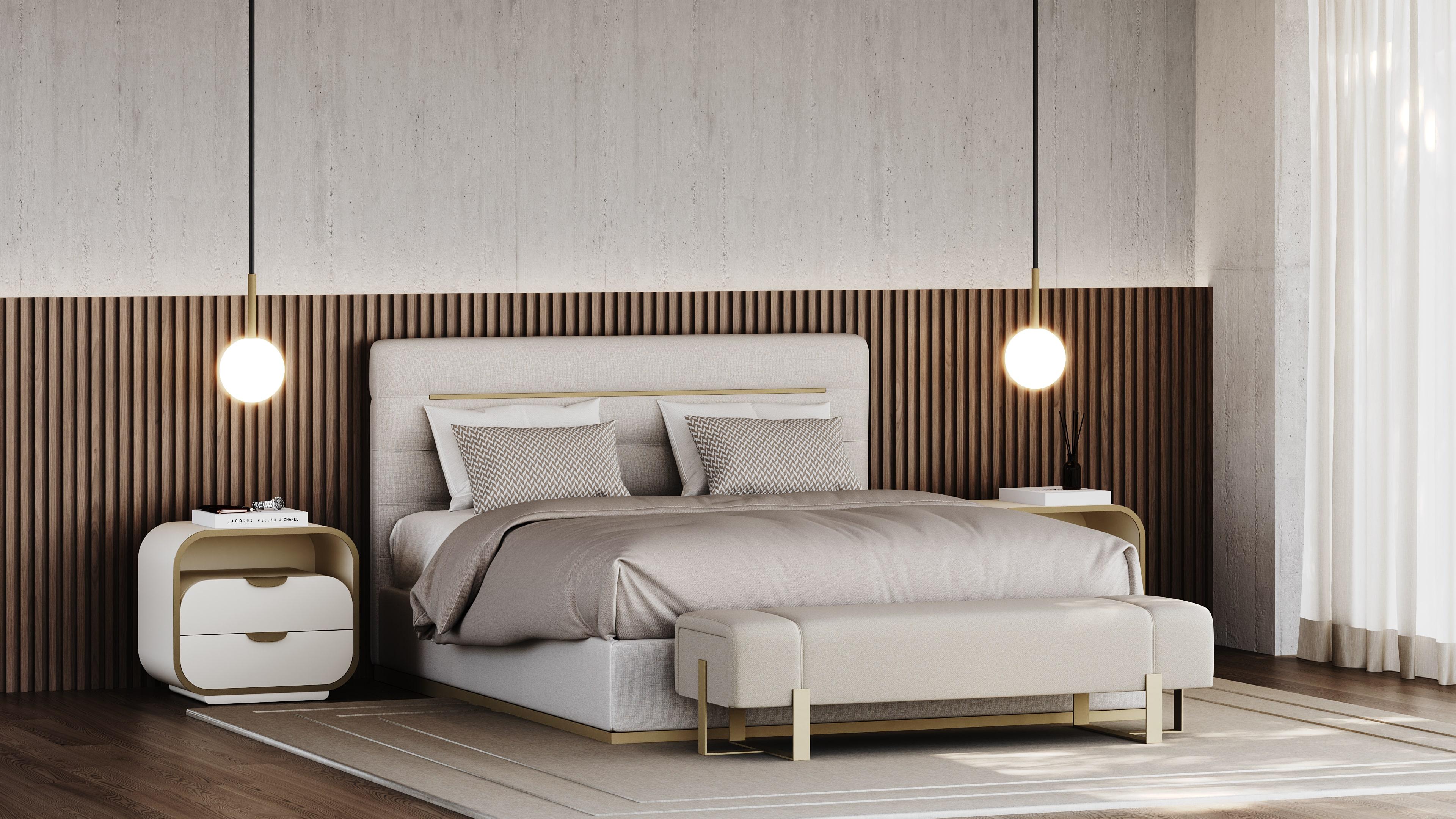 Vesper bed is a striking fusion of contemporary elegance and serene comfort, designed to transform your bedroom into a sophisticated sanctuary. Its sleek, minimalist lines and understated detailing create a refined aesthetic that enhances any décor.