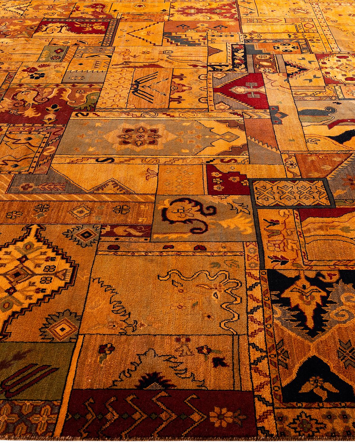 Hand-Knotted Contemporary Vibrance Hand Knotted Patchwork Wool Orange Area Rug 8' 10