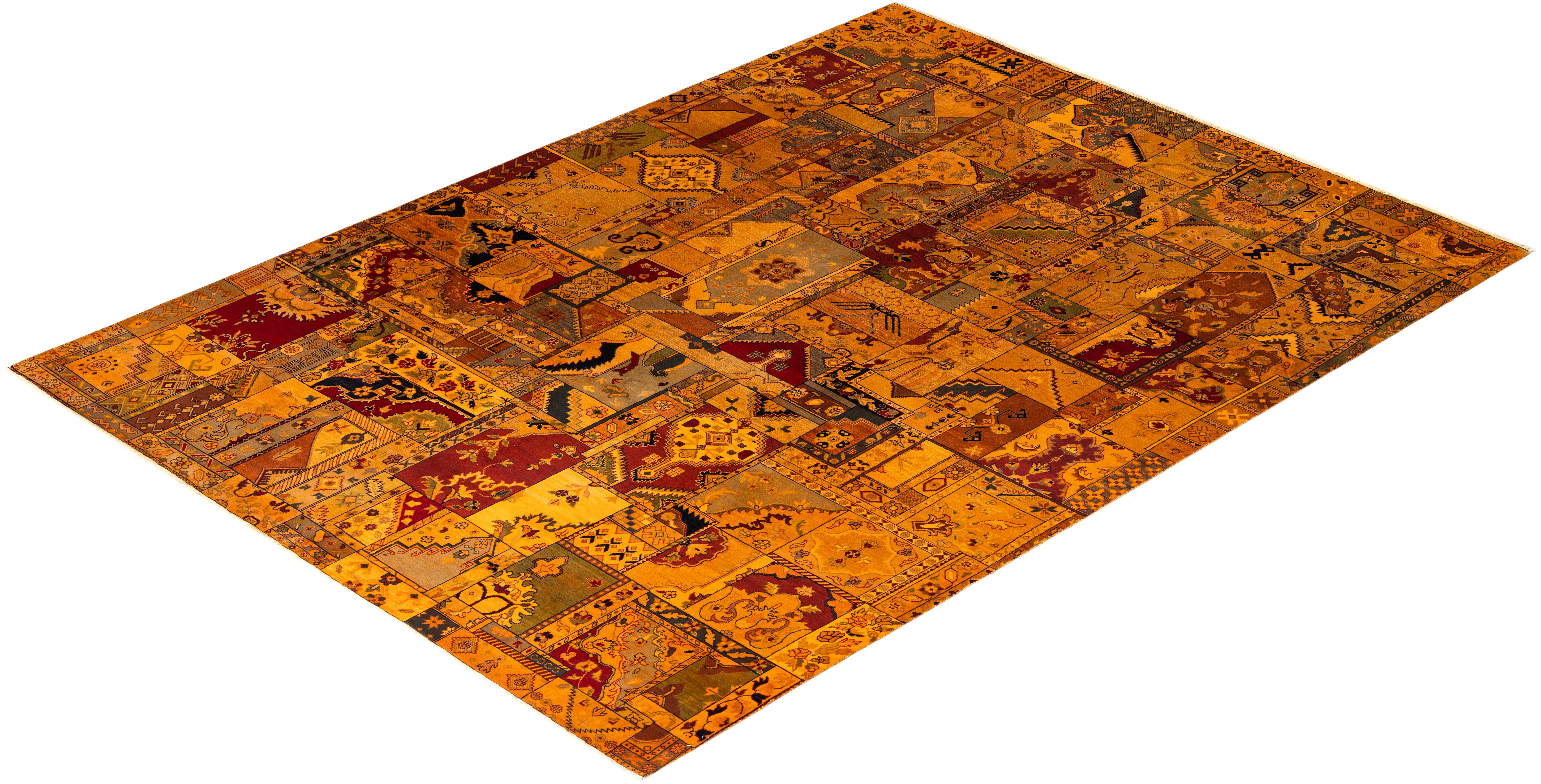 Contemporary Vibrance Hand Knotted Patchwork Wool Orange Area Rug 8' 10