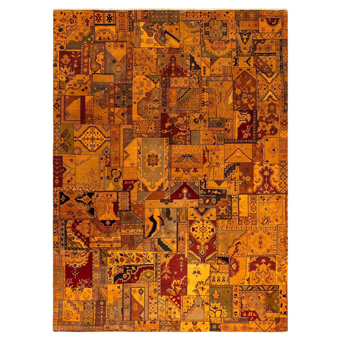 Contemporary Vibrance Tappeto d'area arancione in lana patchwork annodato a mano 8'10" x 12'0"