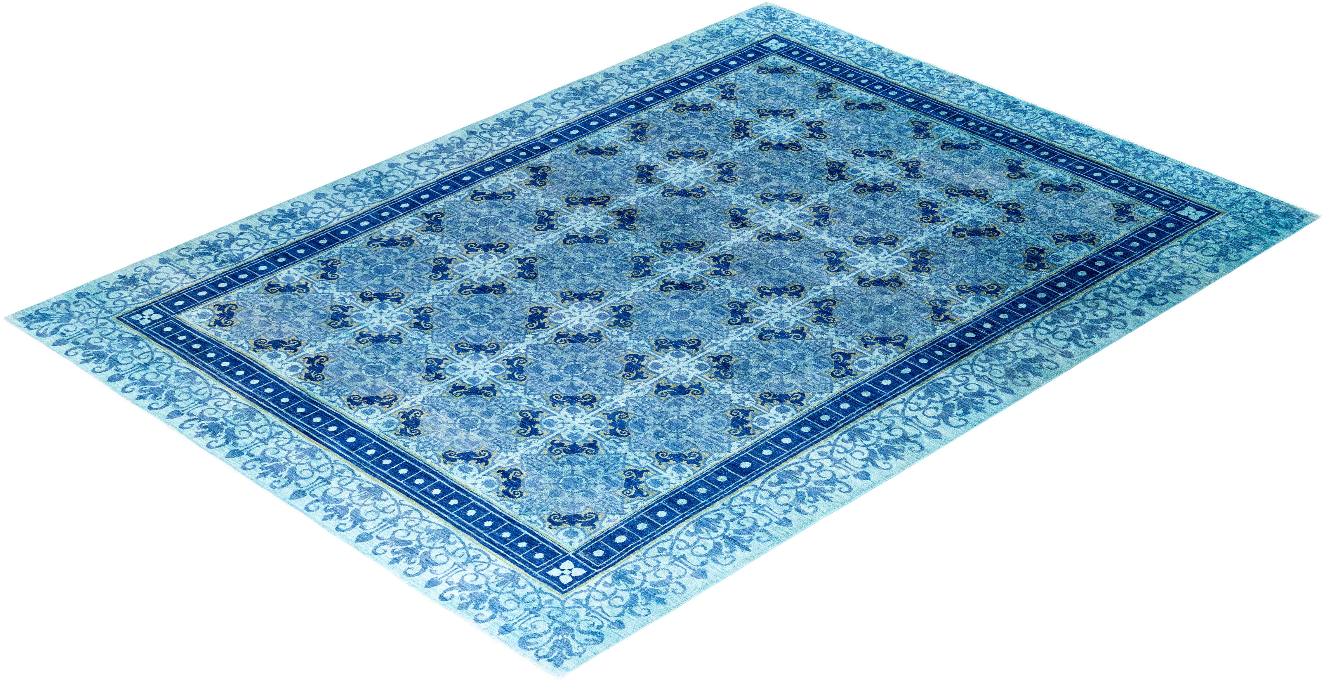 Contemporary Vibrance Hand Knotted Wool Blue Area Rug im Angebot 2