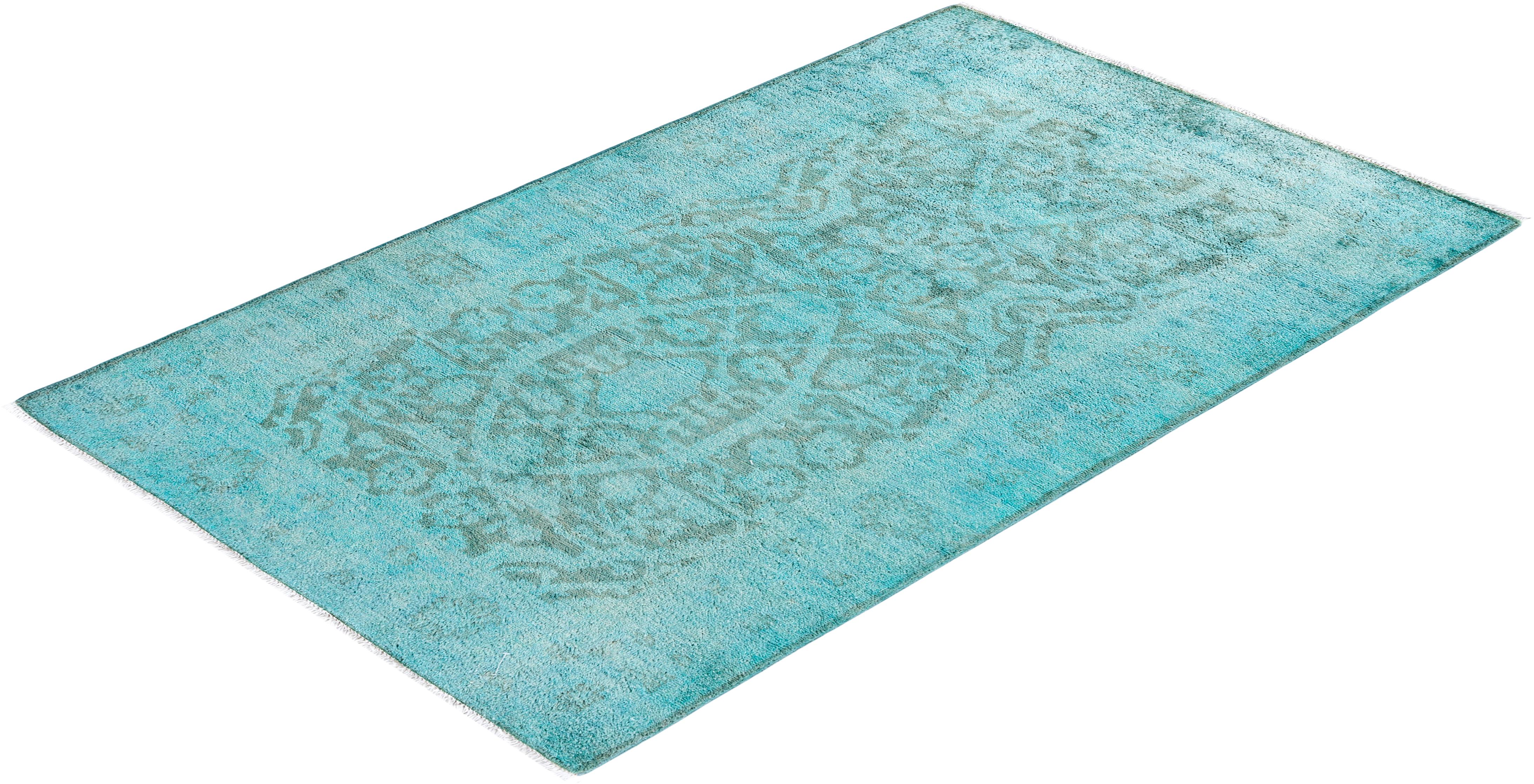 Contemporary Vibrance Hand Knotted Wool Blue Area Rug  For Sale 4