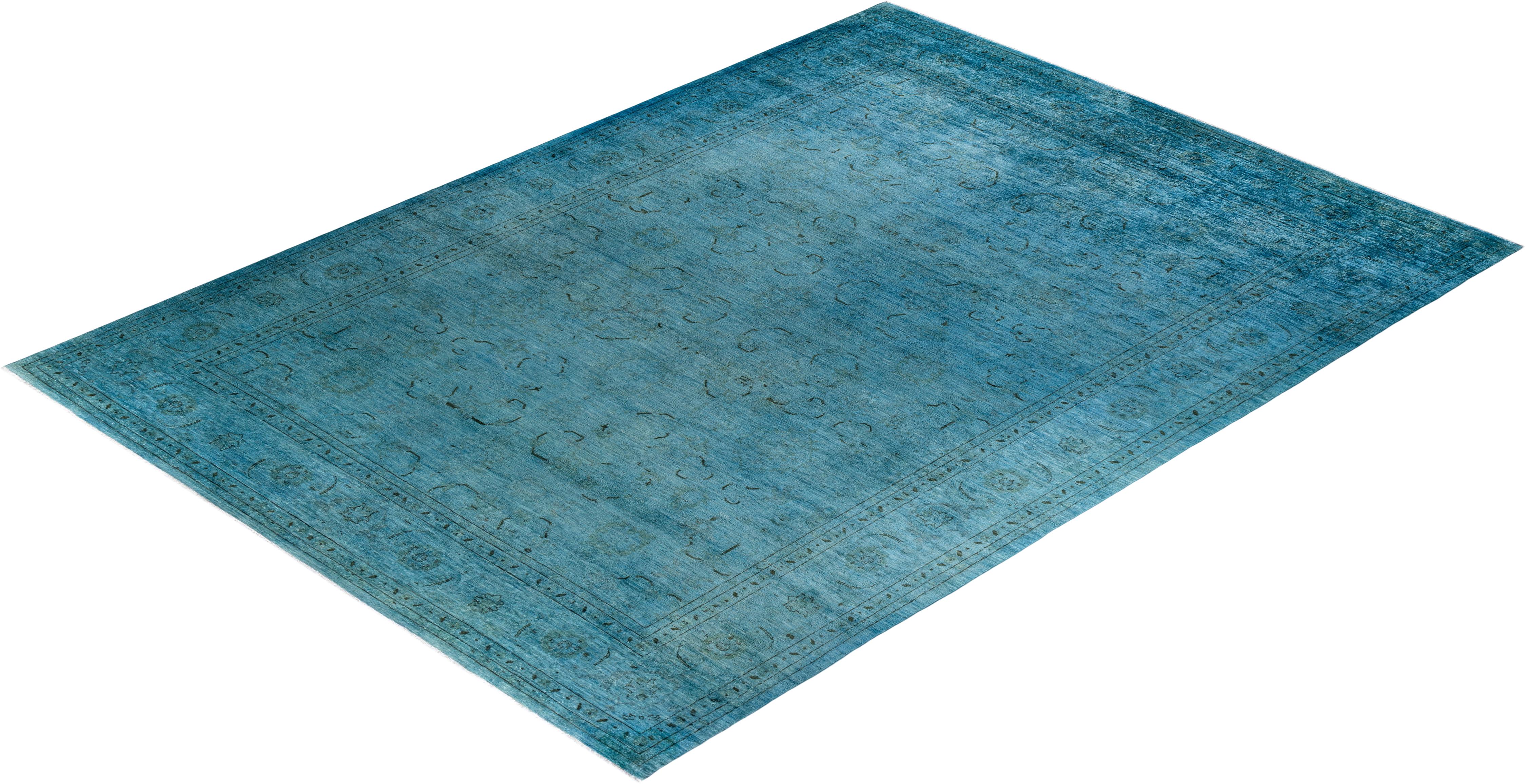 Contemporary Vibrance Hand Knotted Wool Blue Area Rug For Sale 4