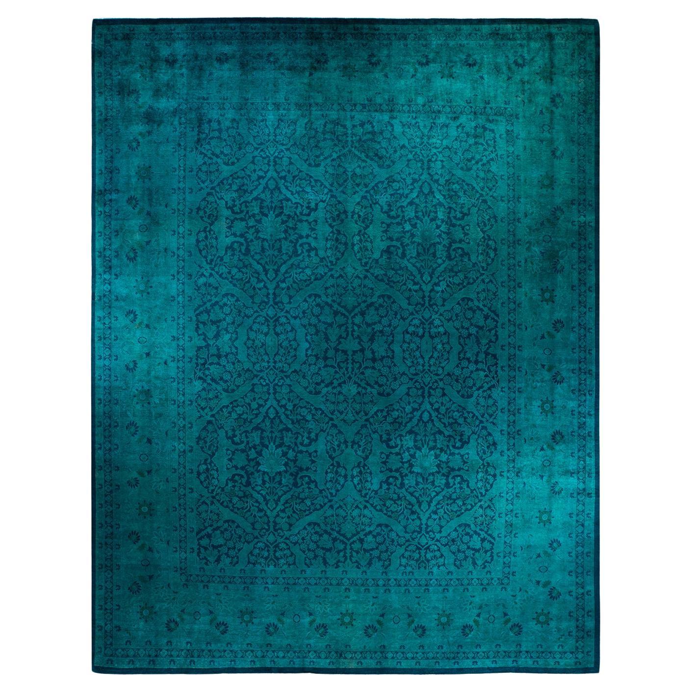 Contemporary Vibrance Hand Knotted Wool Blue Area Rug For Sale