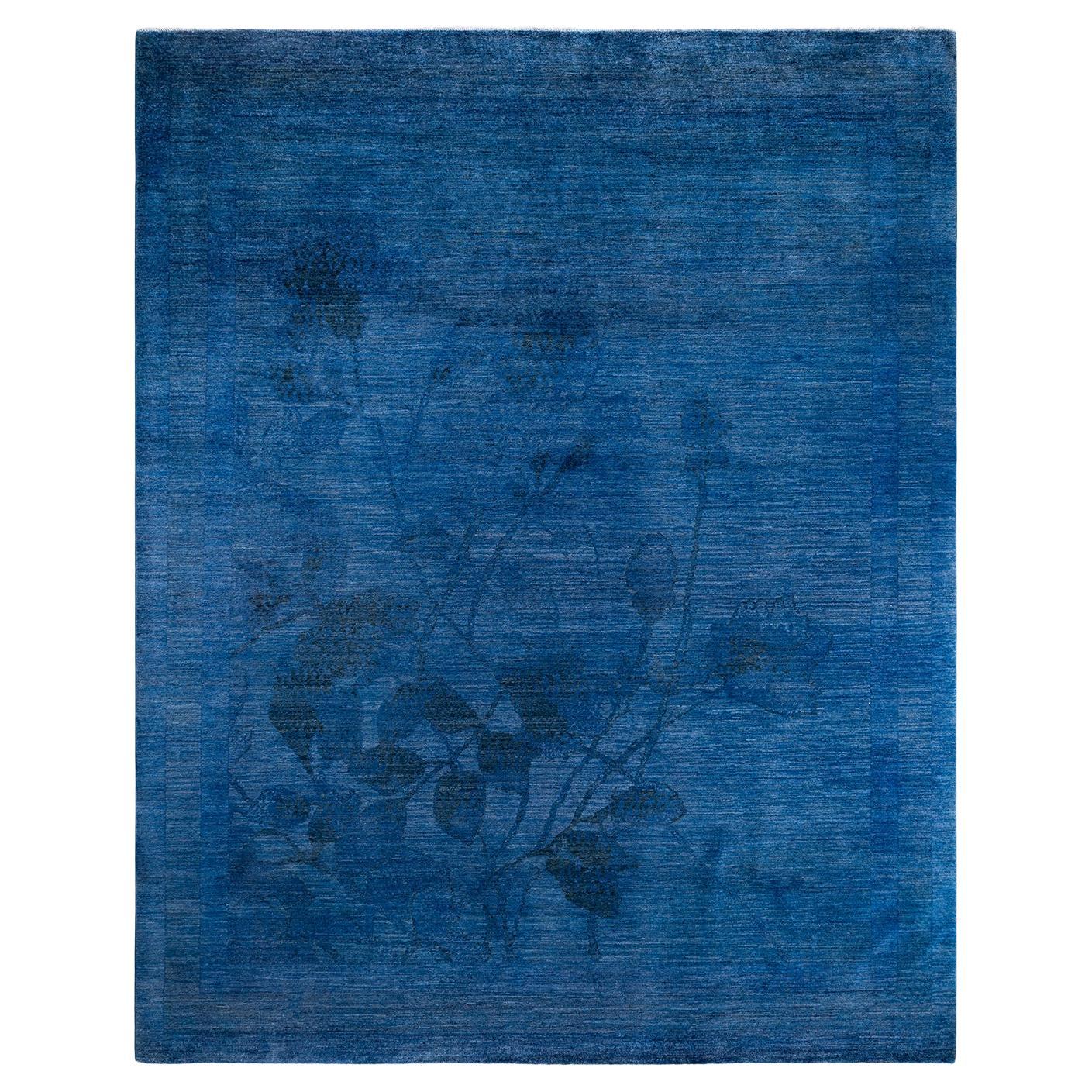 Contemporary Vibrance Hand Knotted Wool Blue Area Rug  For Sale