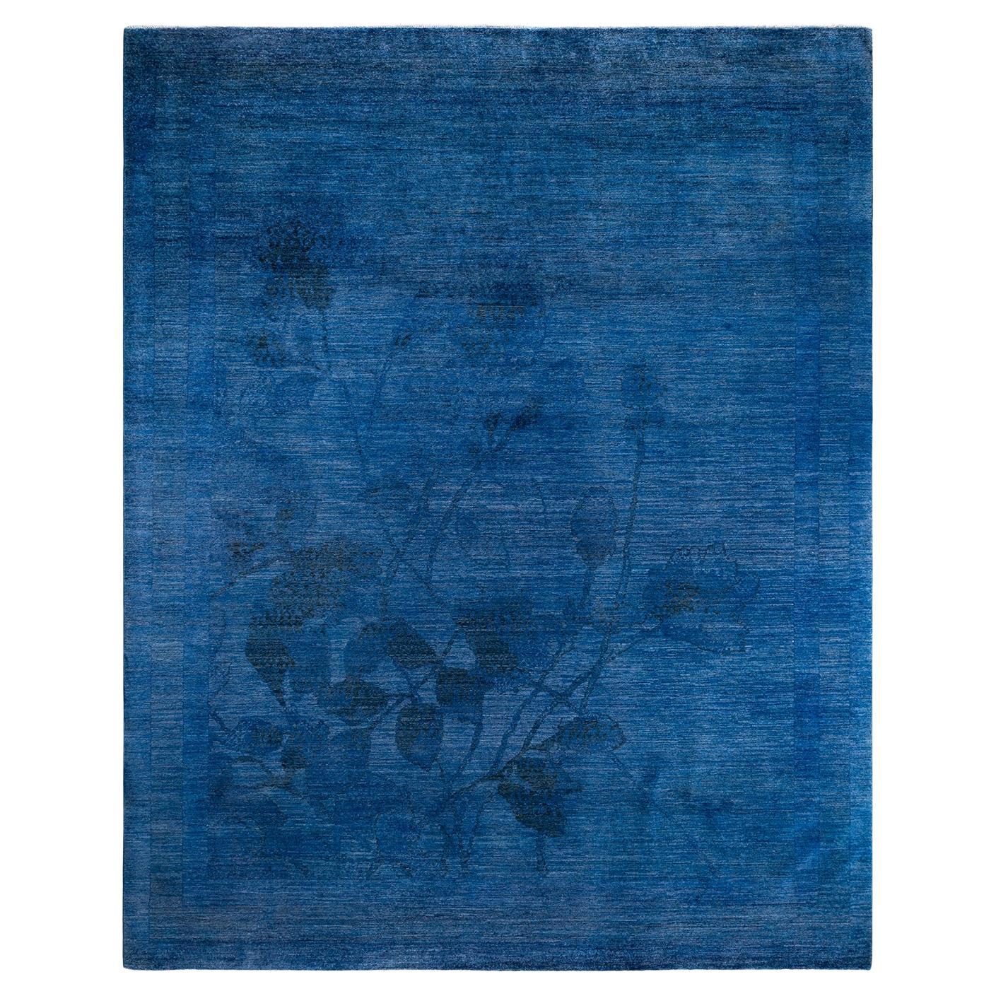 Contemporary Vibrance Hand Knotted Wool Blue Area Rug For Sale