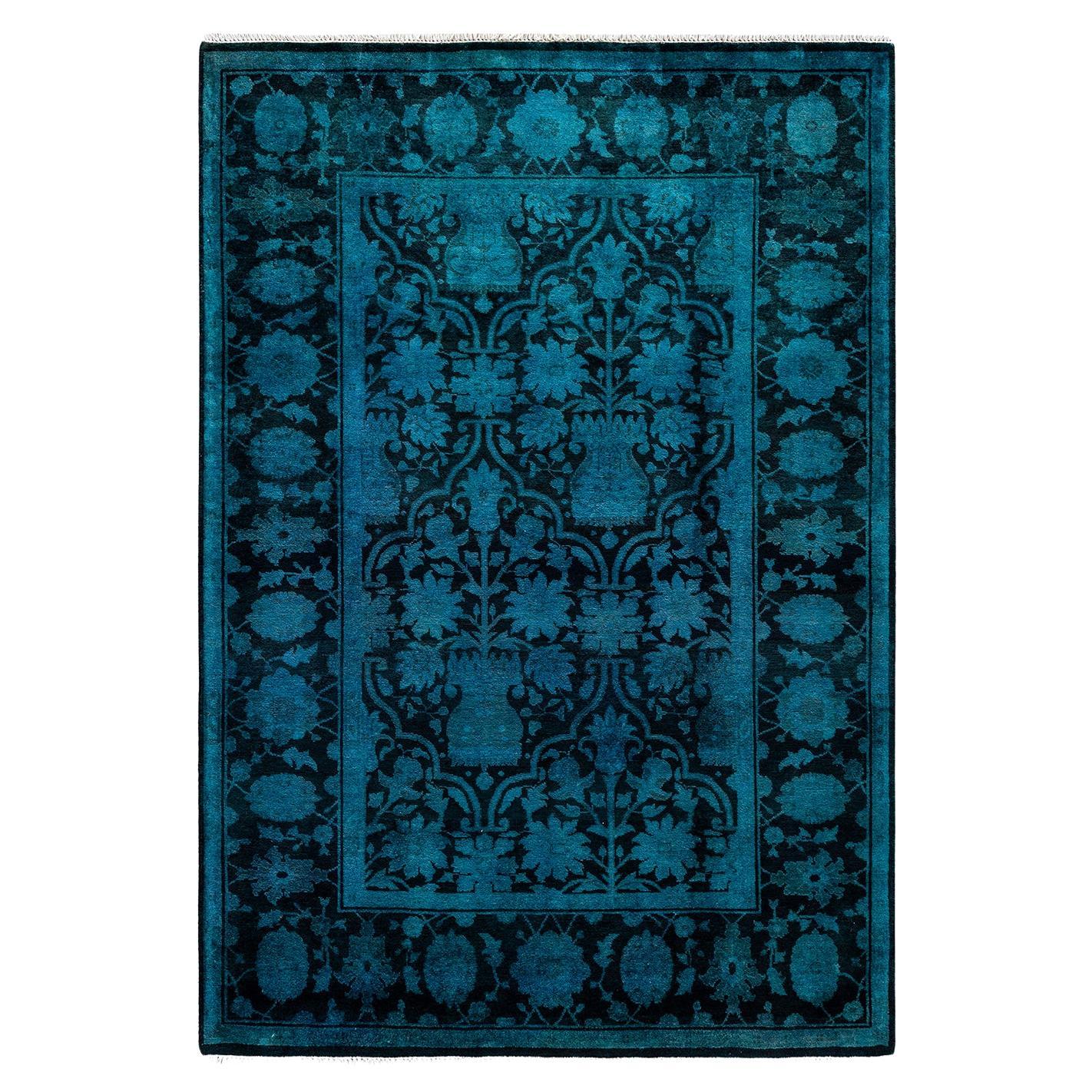 Contemporary Vibrance Hand Knotted Wool Blue Area Rug  For Sale