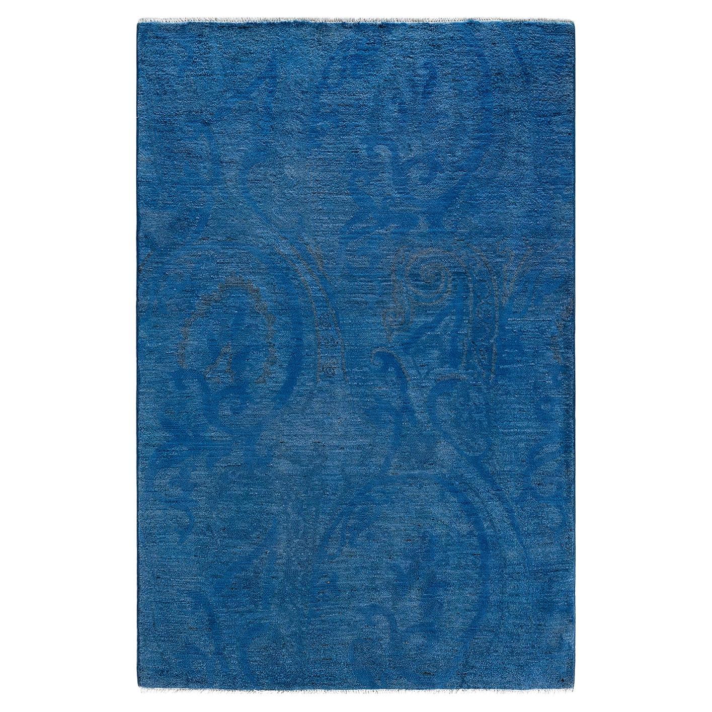 Contemporary Vibrance Hand Knotted Wool Blue Area Rug  im Angebot