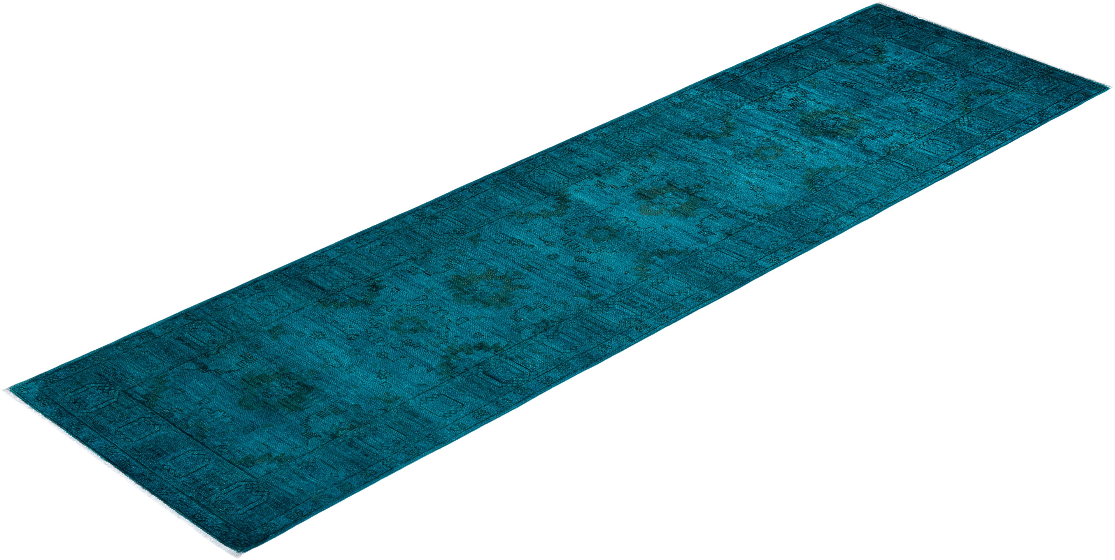 Tapis de course contemporain en laine nouée à la main Vibrance bleu en vente 2