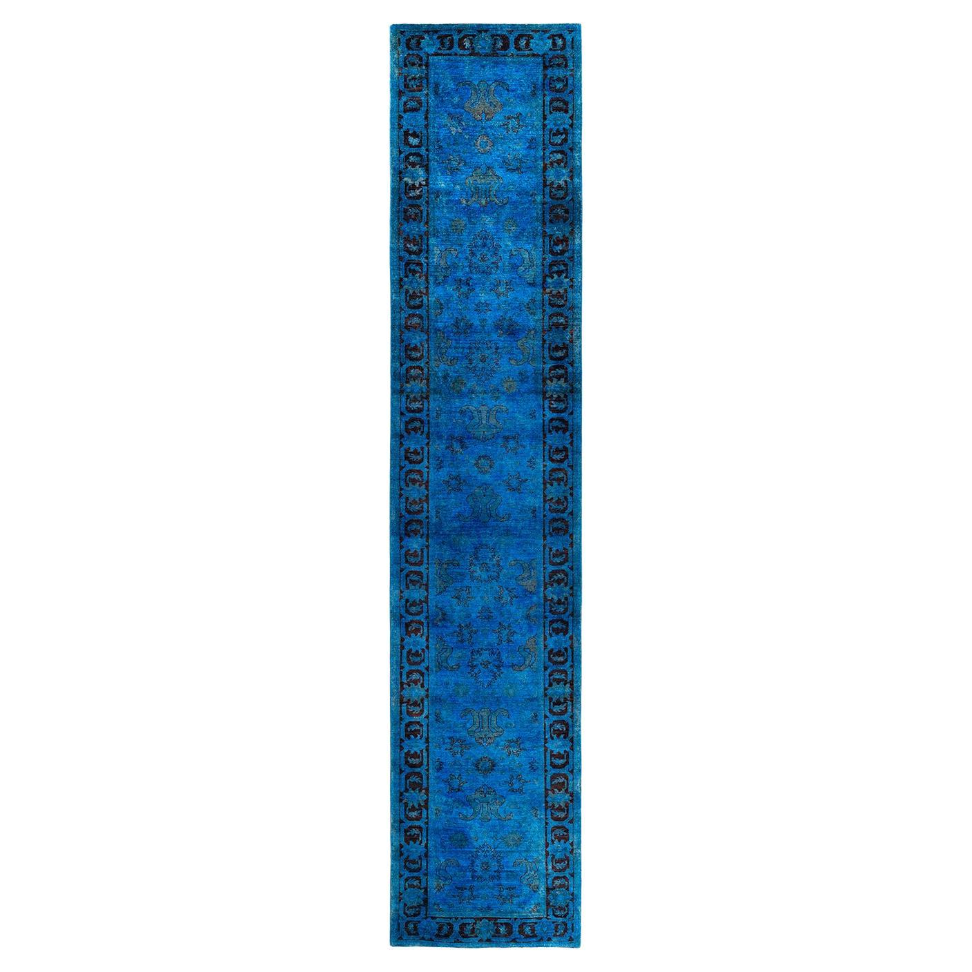 Contemporary Vibrance Hand Knotted Wool Blue Runner For Sale