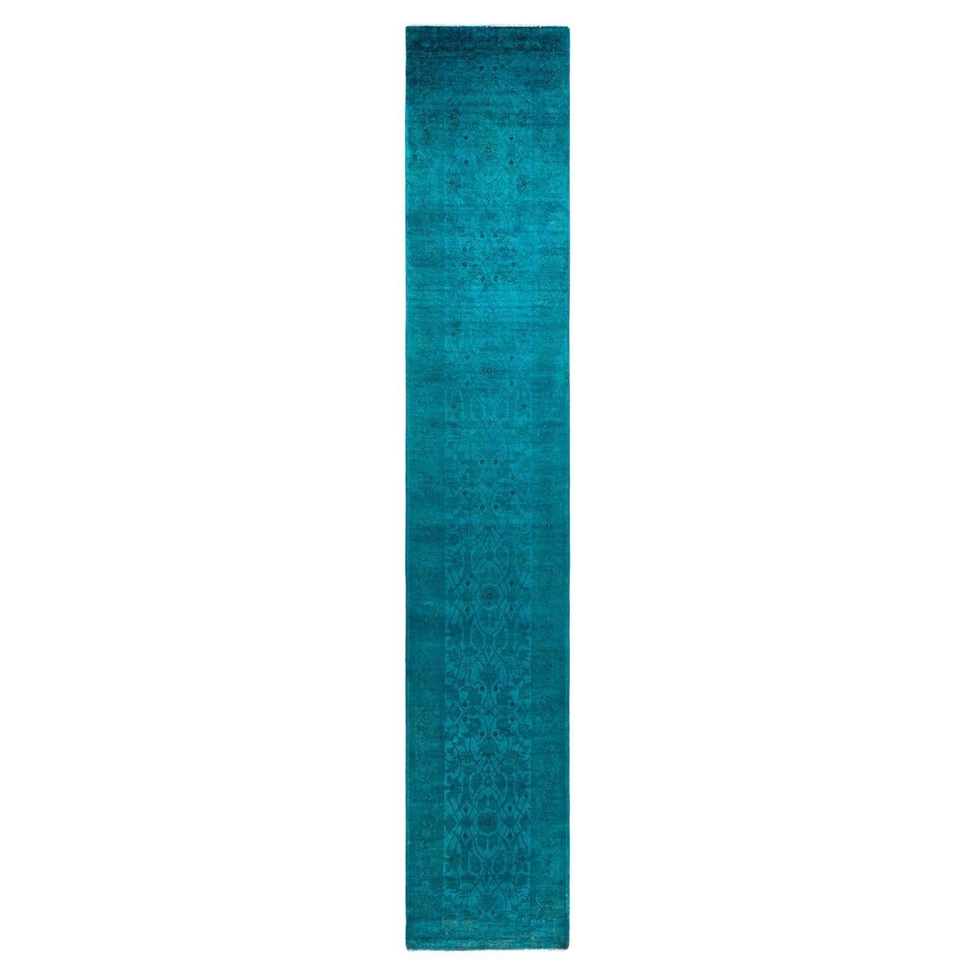 Tapis de course contemporain en laine nouée à la main Vibrance bleu