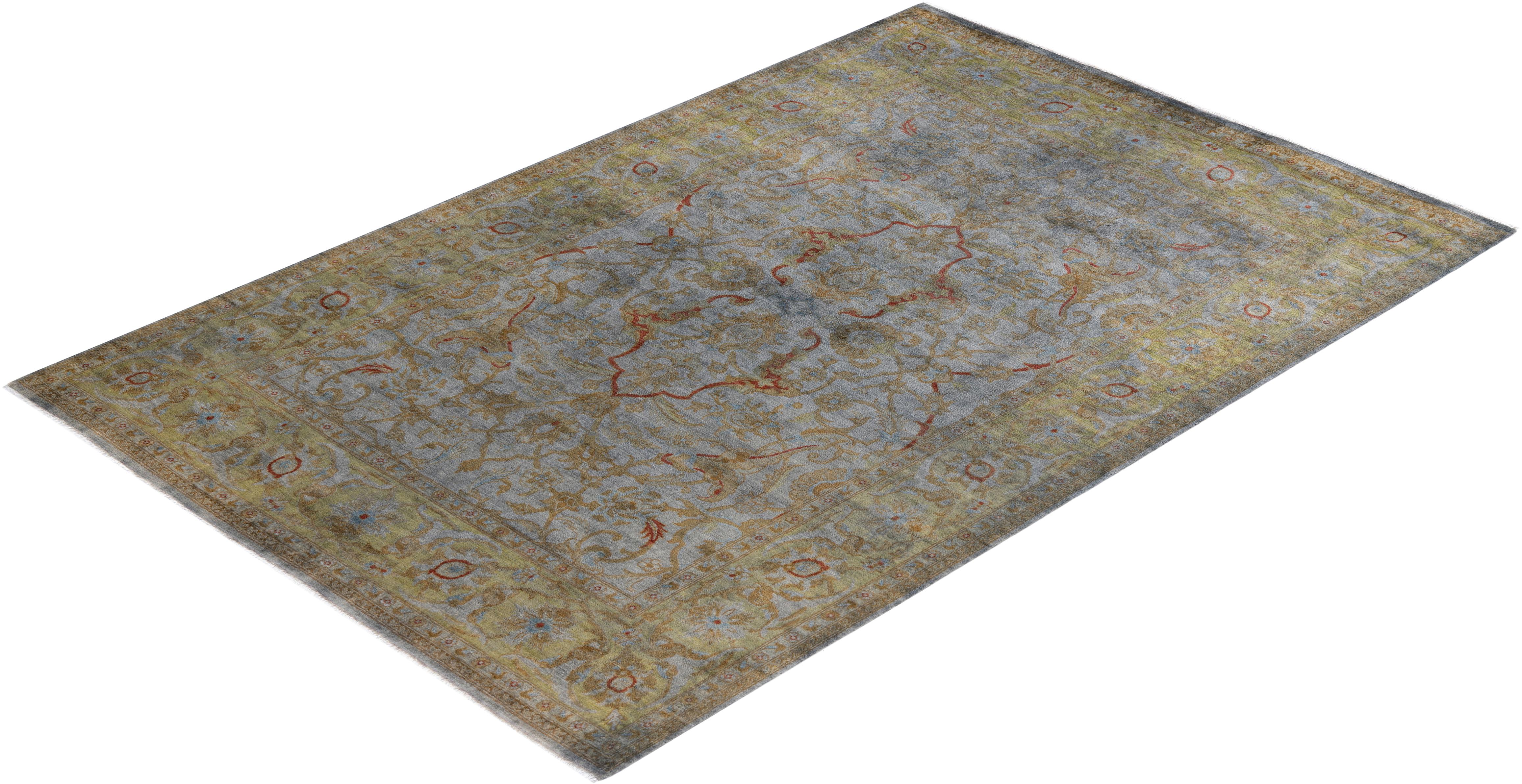 Contemporary Vibrance Hand Knotted Wool Gray Area Rug For Sale 4