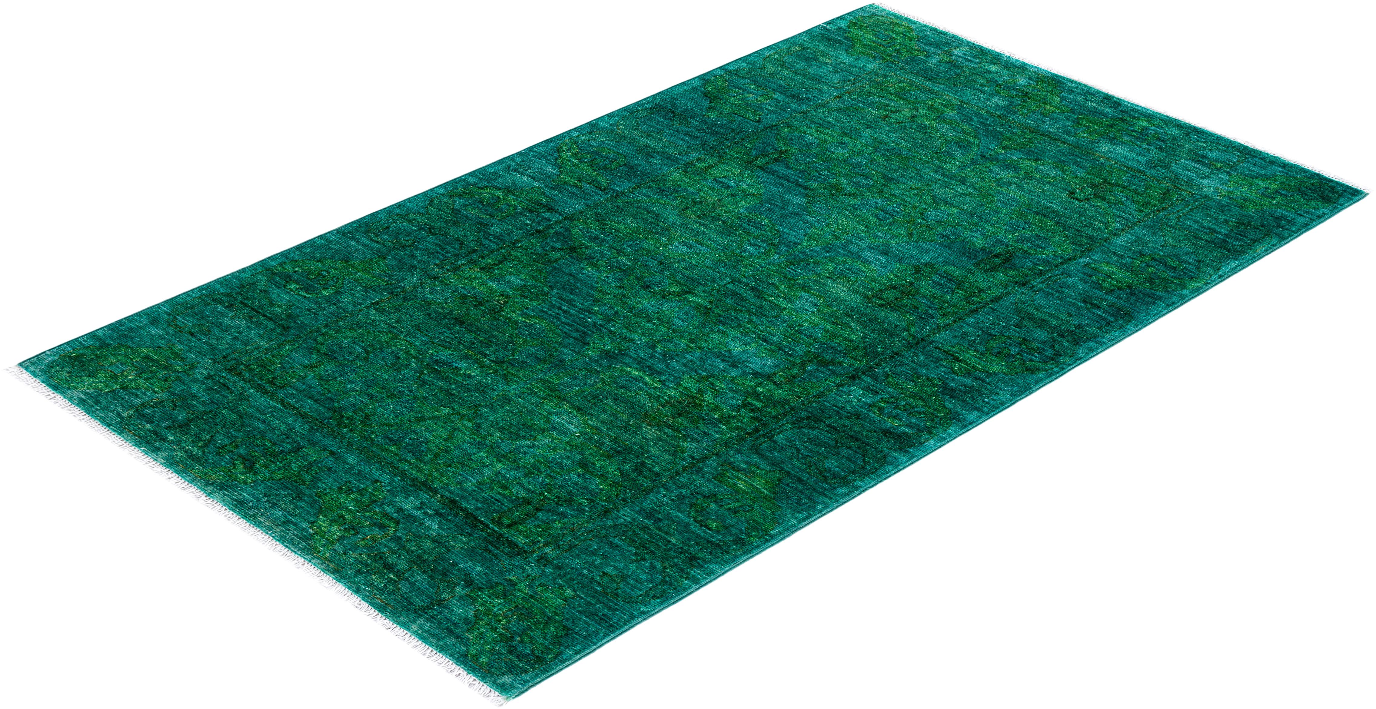 Contemporary Vibrance Hand Knotted Wool Green Area Rug For Sale 4