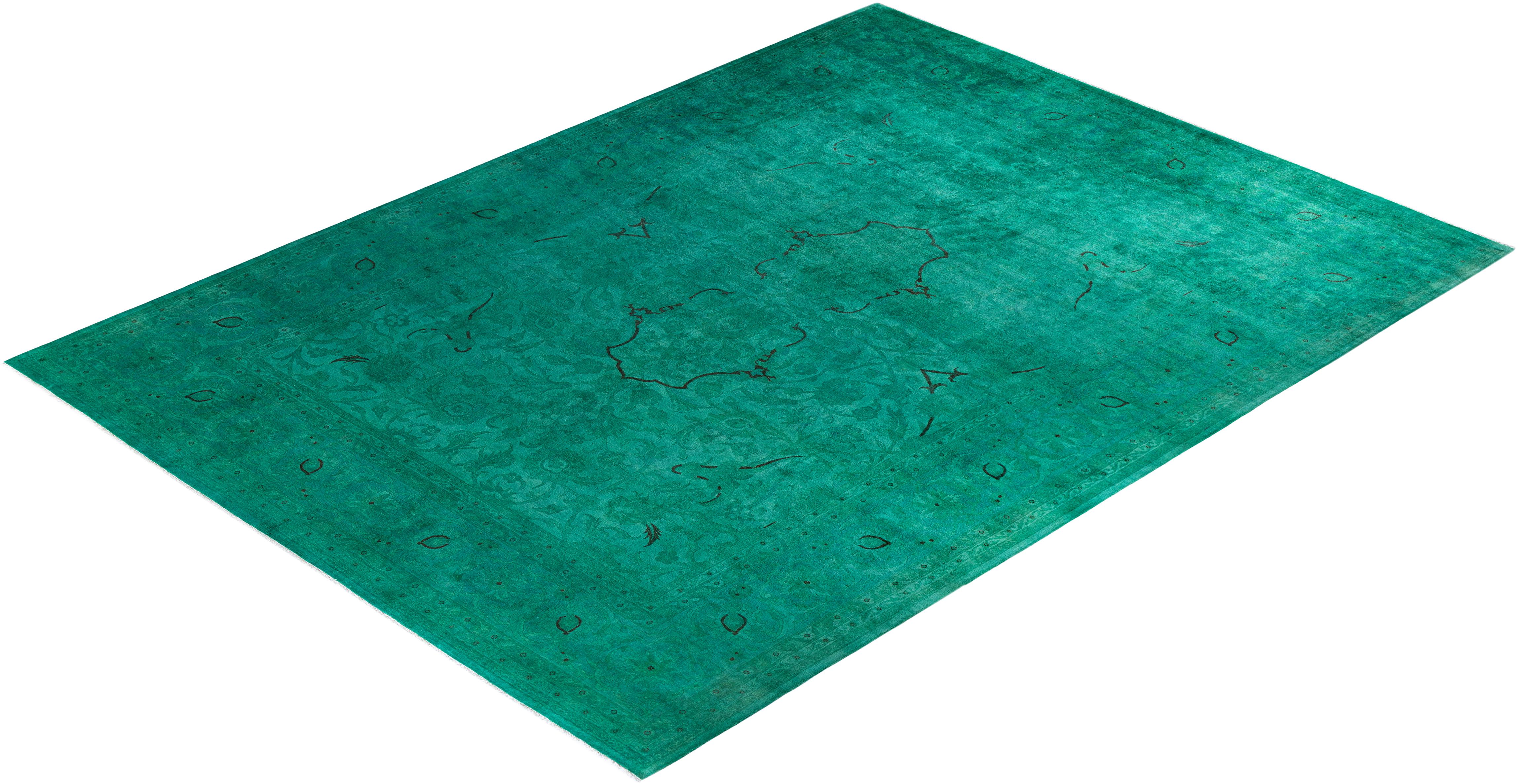 Contemporary Vibrance Hand Knotted Wool Green Area Rug For Sale 4