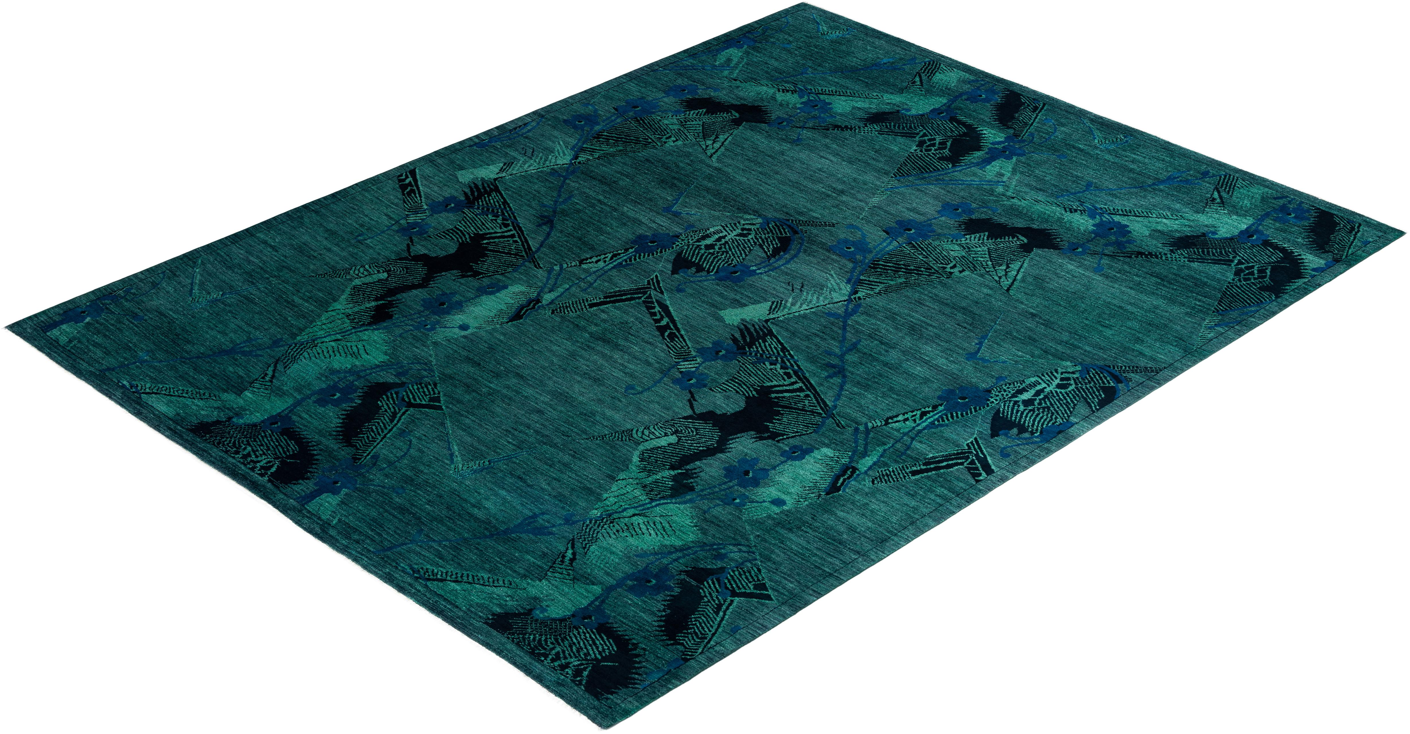 Contemporary Vibrance Hand Knotted Wool Green Area Rug For Sale 4