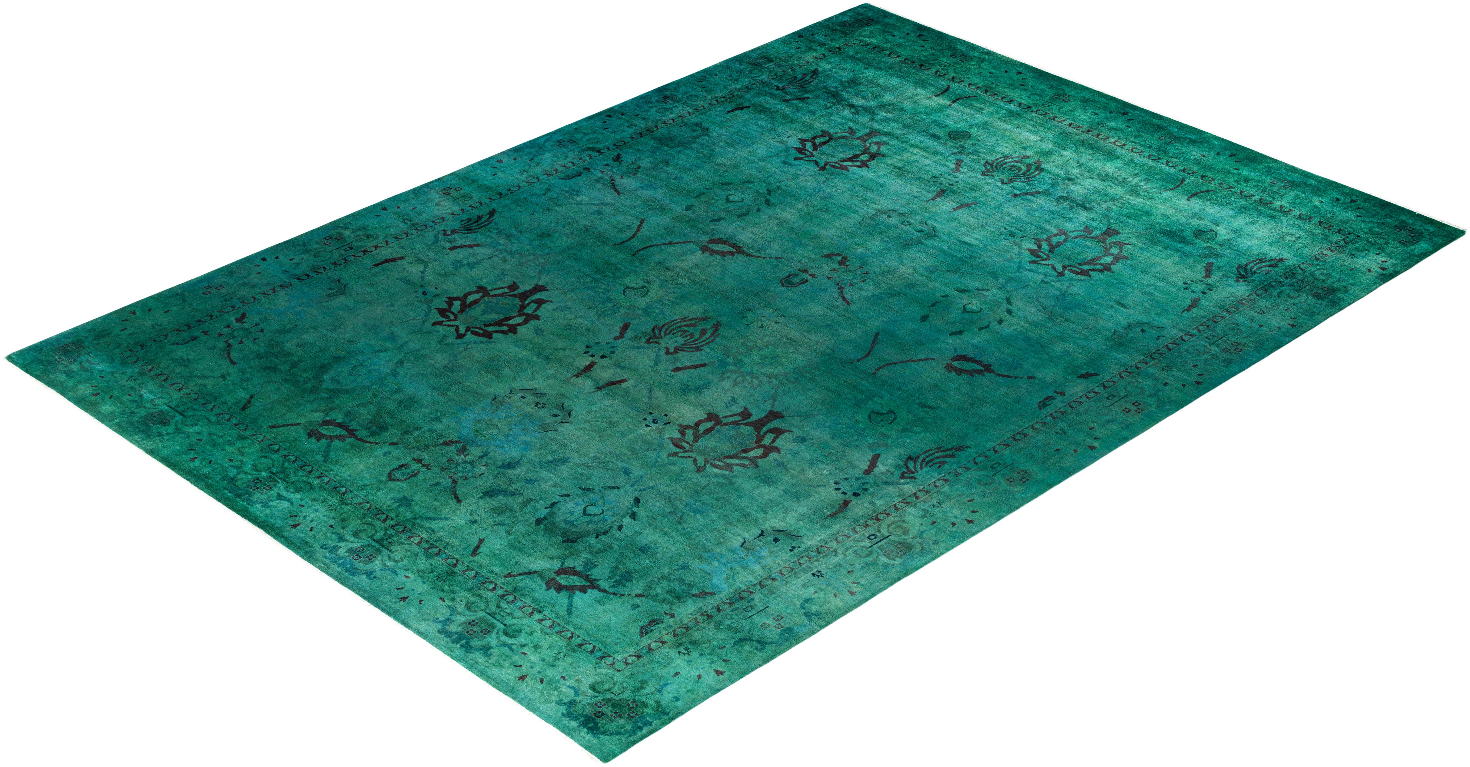 Contemporary Vibrance Hand Knotted Wool Green Area Rug For Sale 4