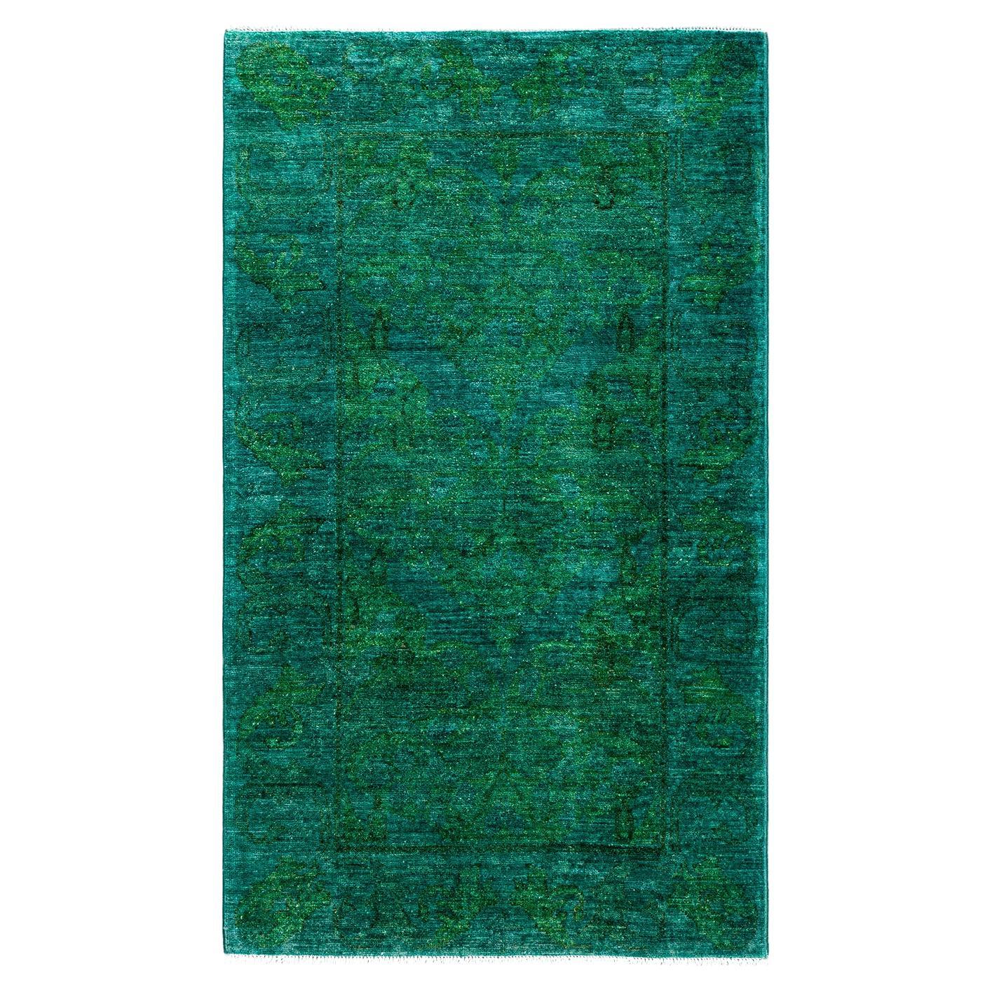 Contemporary Vibrance Hand Knotted Wool Green Area Rug For Sale