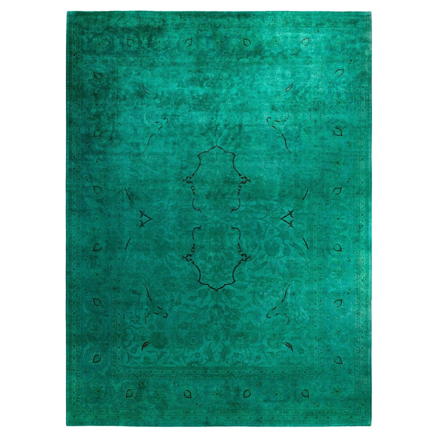 Contemporary Vibrance Hand Knotted Wool Green Area Rug For Sale