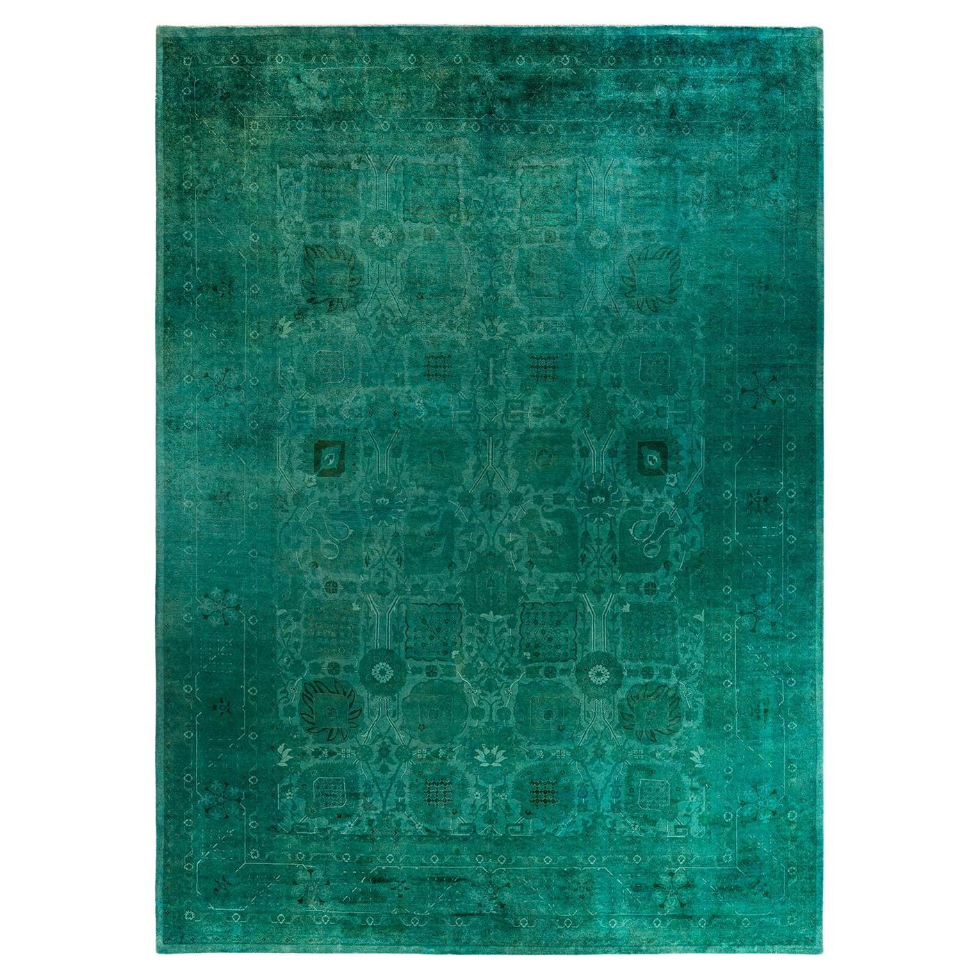 Contemporary Vibrance Hand Knotted Wool Green Area Rug For Sale