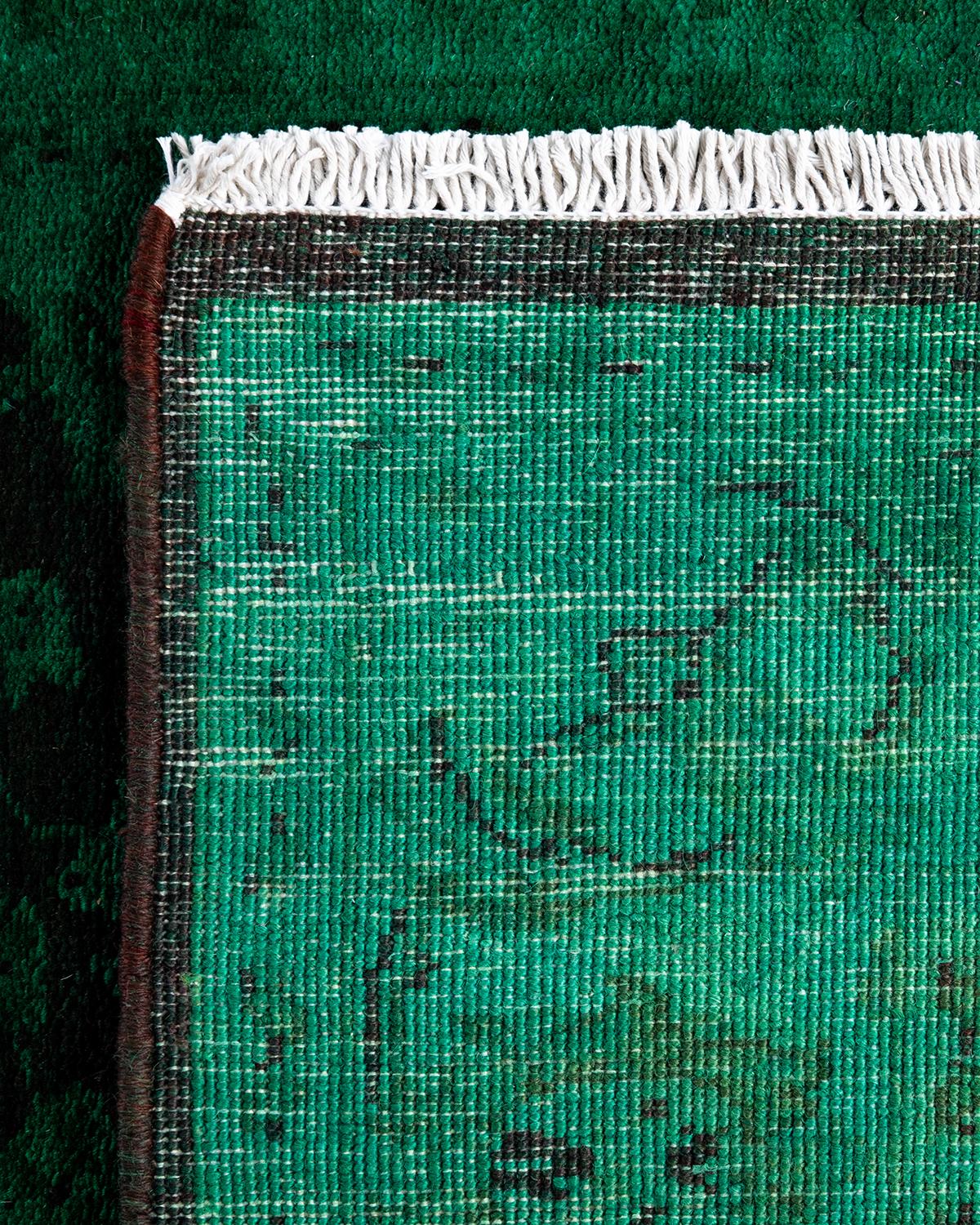 Contemporary Vibrance Hand Knotted Wool Green Runner For Sale 1