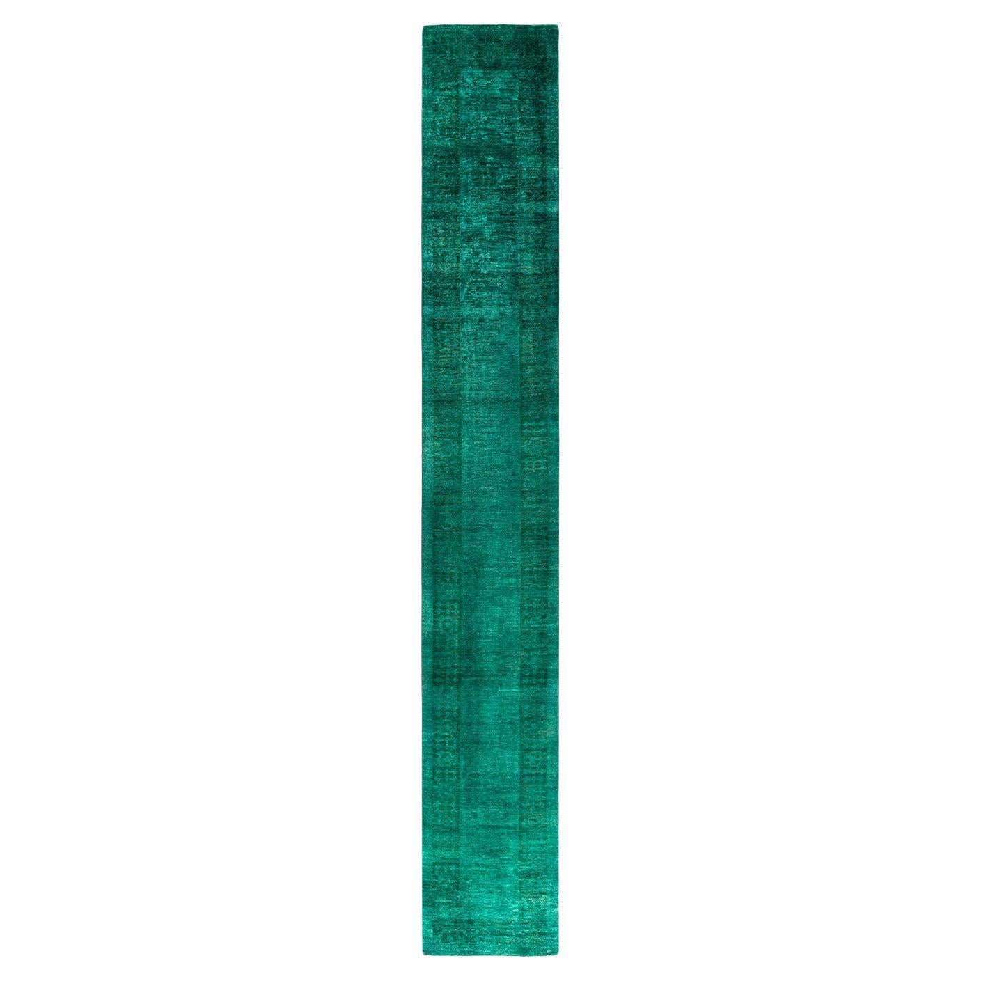 Contemporary Vibrance Hand Knotted Wool Green Runner  For Sale