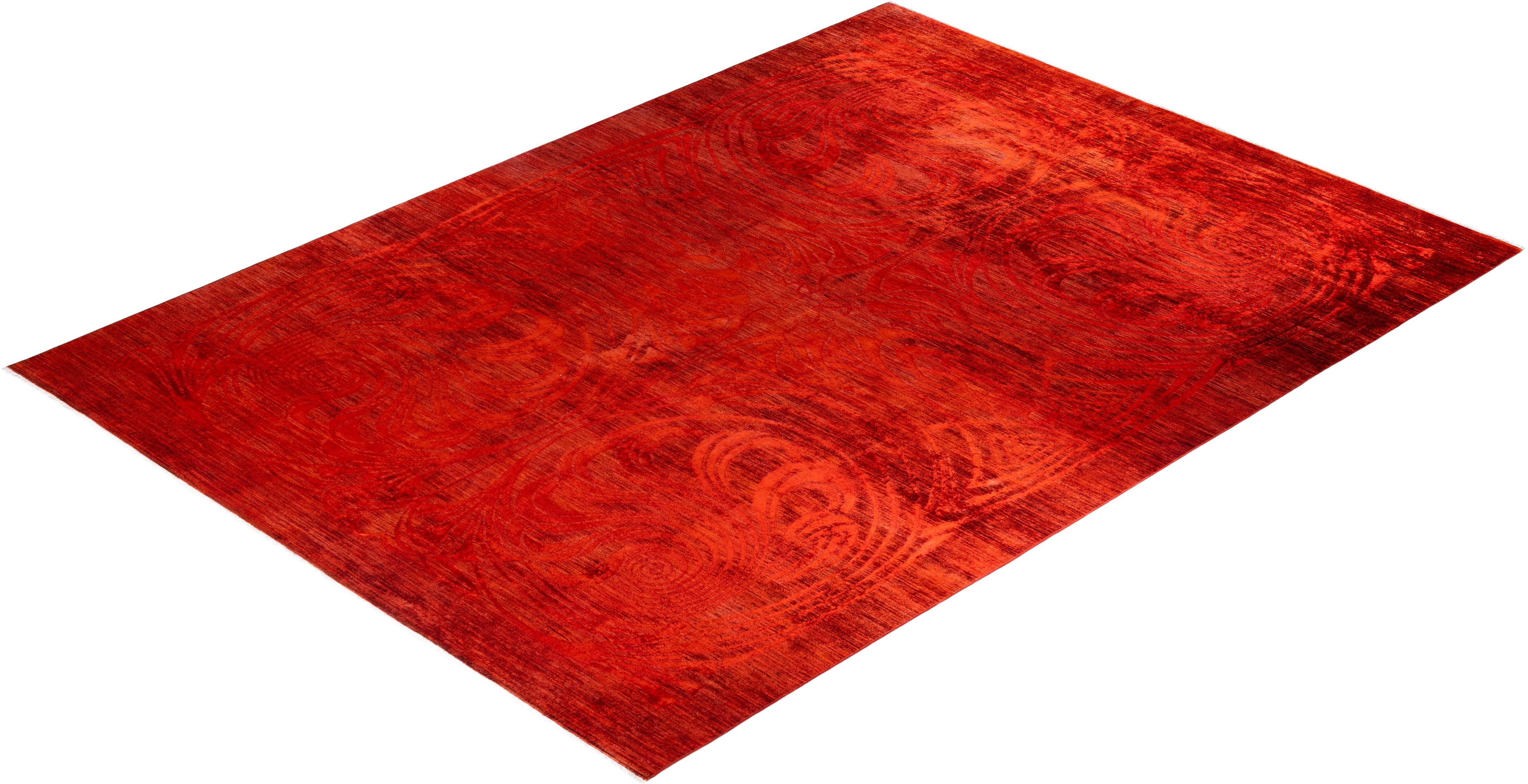 Contemporary Vibrance Hand Knotted Wool Orange Area Rug For Sale 4