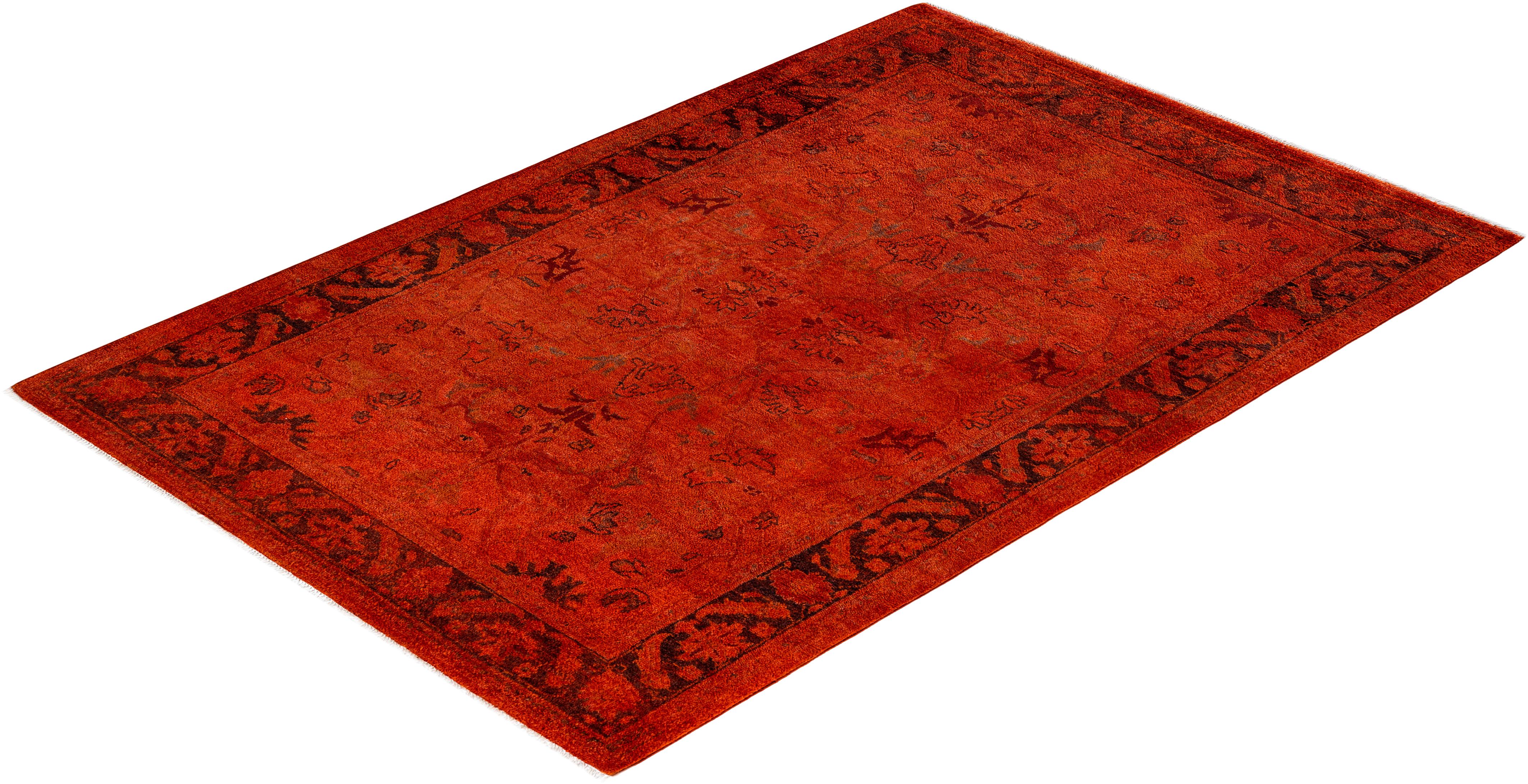Contemporary Vibrance Hand Knotted Wool Orange Area Rug For Sale 4