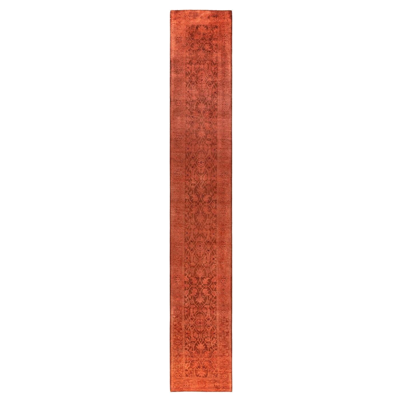 Contemporary Vibrance Hand Knotted Wool Orange Runner  For Sale