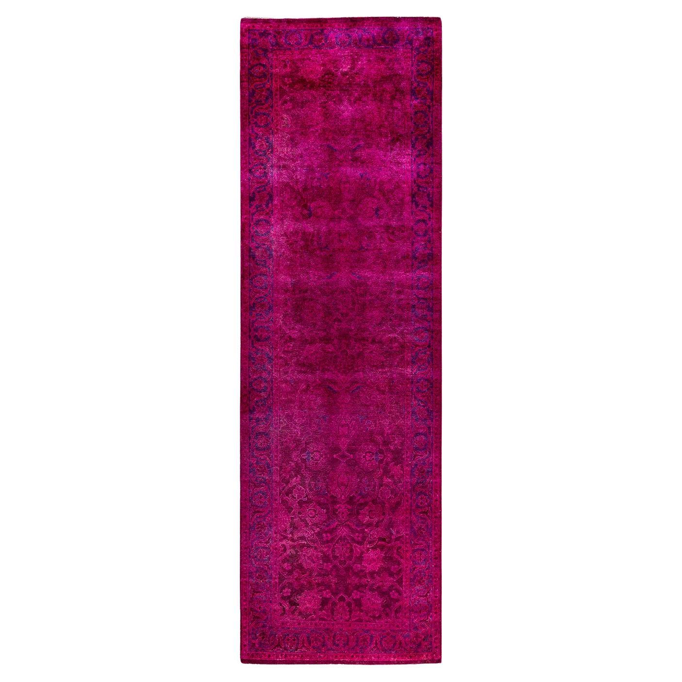 Contemporary Vibrance Hand Knotted Wool Pink Runner For Sale