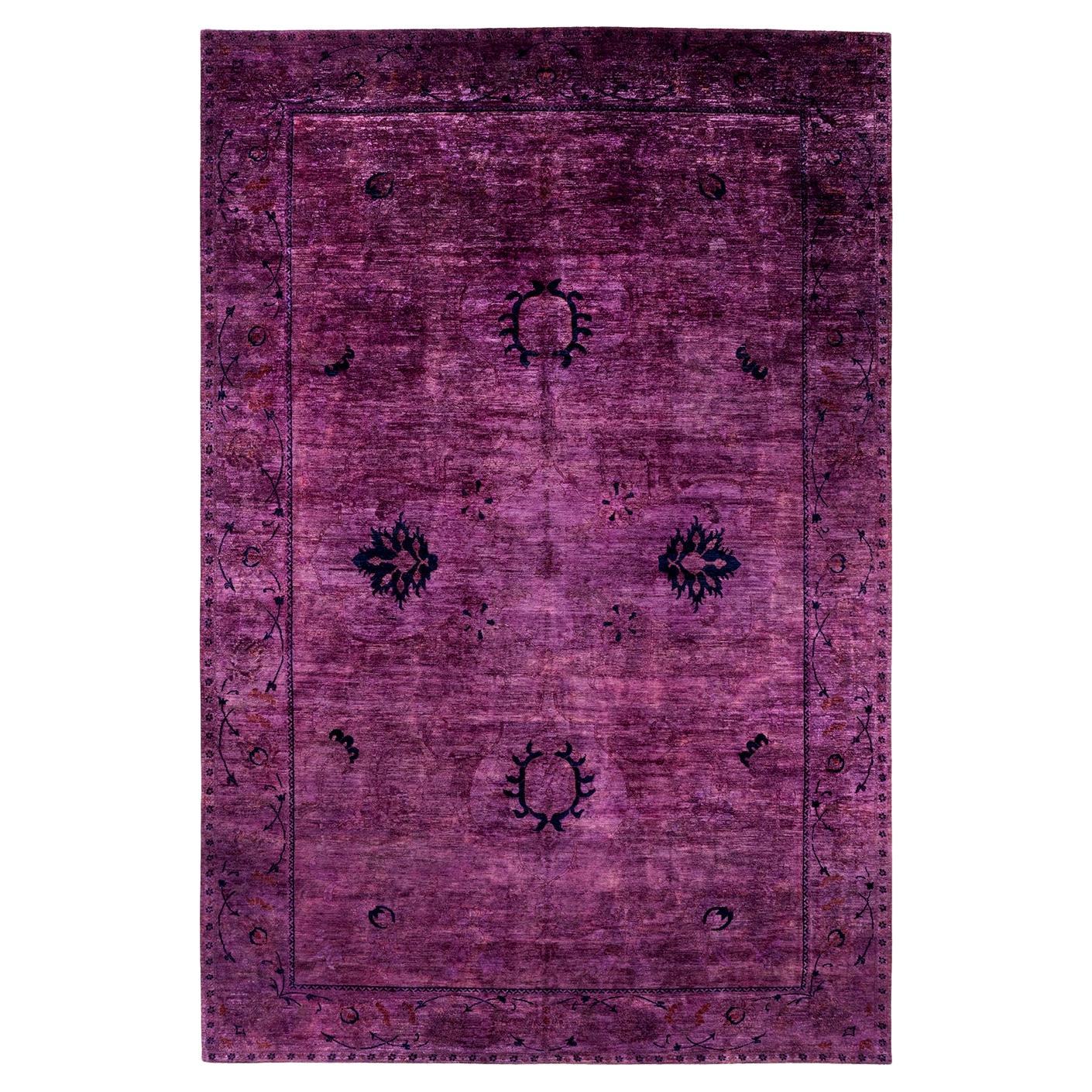 Contemporary Vibrance Hand Knotted Wool Purple Area Rug For Sale