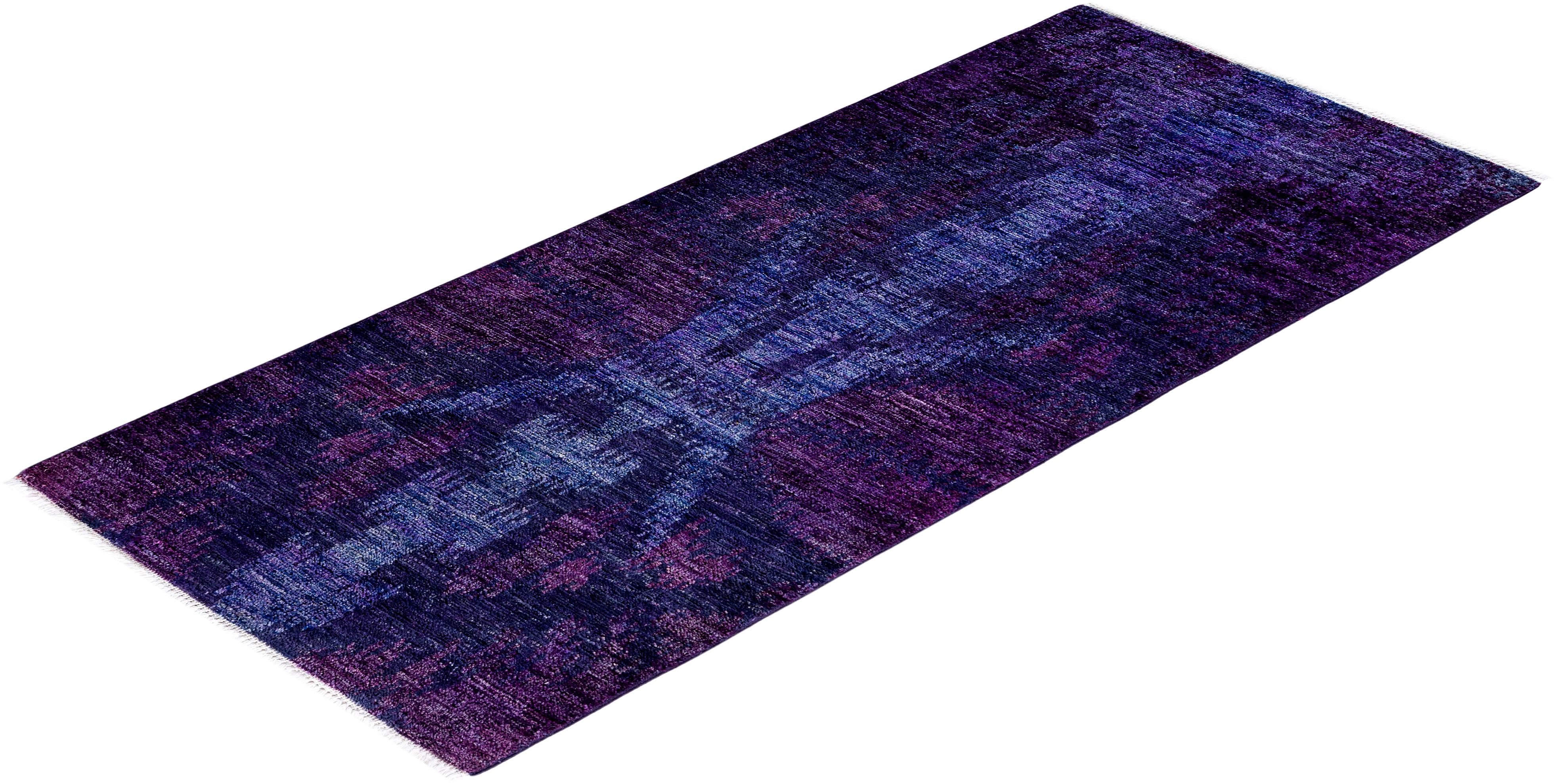 Contemporary Vibrance Hand Knotted Wool Purple Runner For Sale 4
