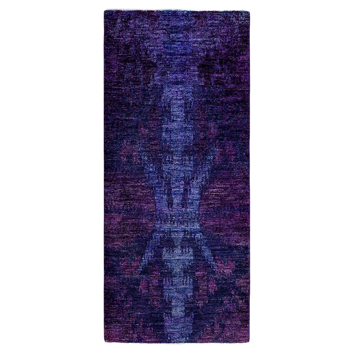 Contemporary Vibrance Hand Knotted Wool Purple Runner For Sale