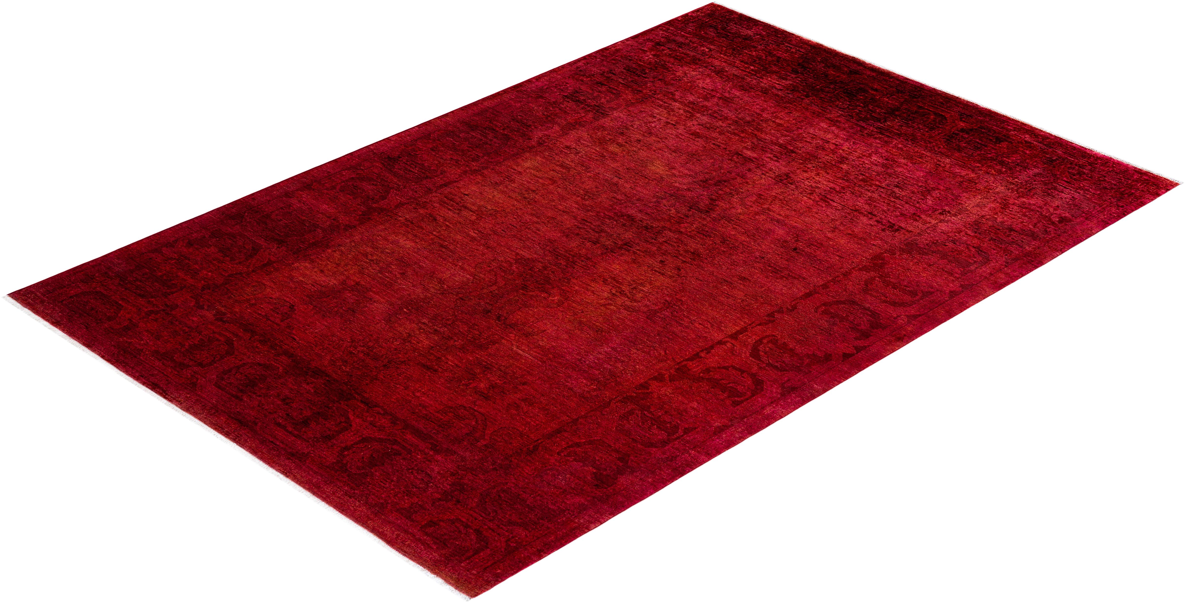Contemporary Vibrance Hand Knotted Wool Red Area Rug For Sale 4