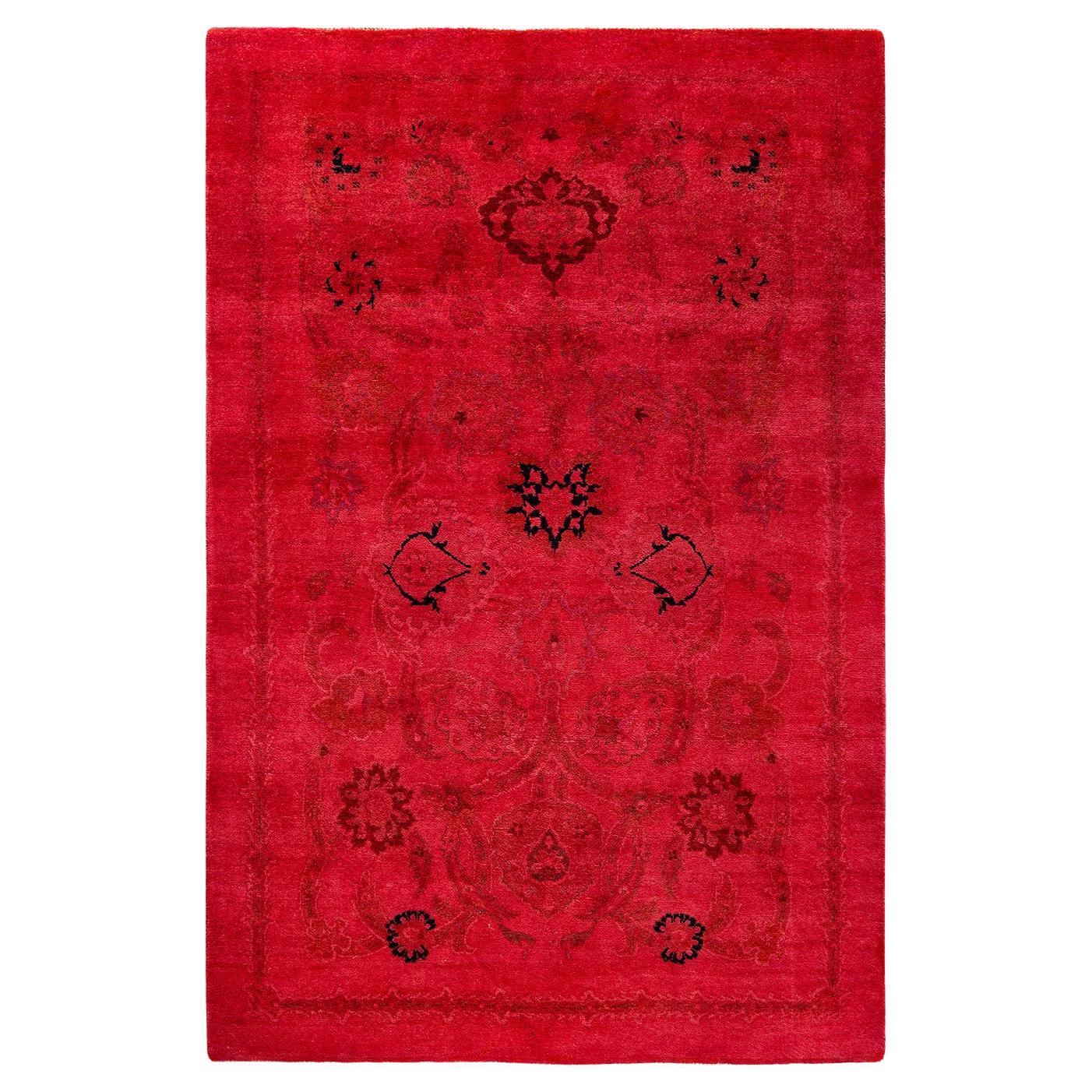 Contemporary Vibrance Hand Knotted Wool Red Area Rug For Sale