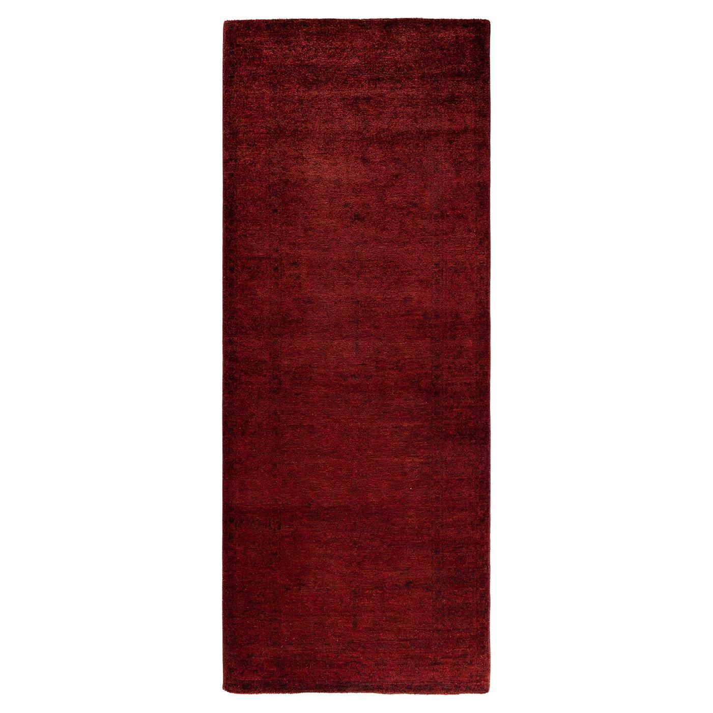 Contemporary Vibrance Hand Knotted Wool Red Runner For Sale
