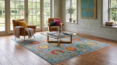 Tapis contemporain et éclatant, de style Oushak, noué à la main, en laine turquoise et aux teintes précieuses