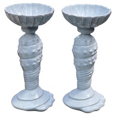 Used Contemporary Vietri "Incanto Mare" Italian Stoneware Candle Holders, a Pair