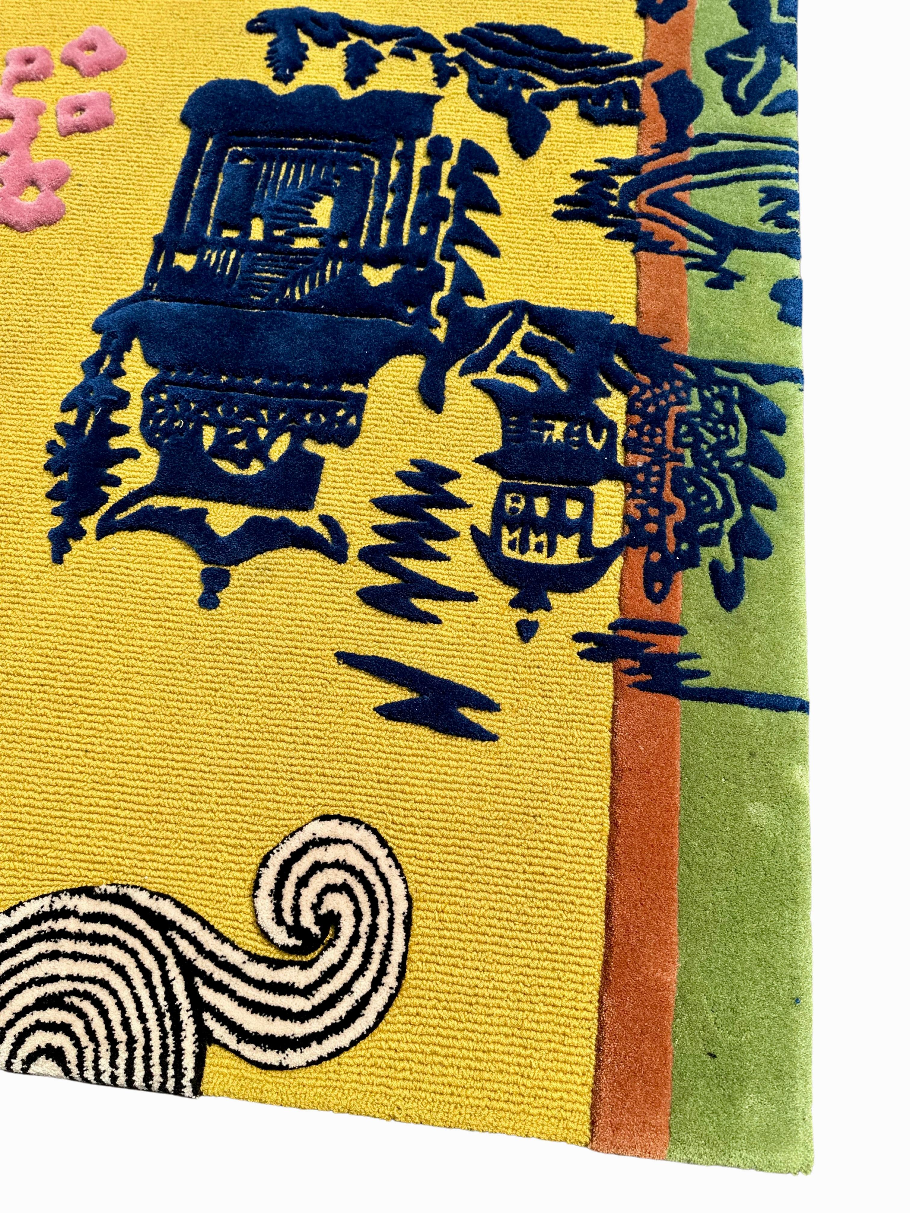 Contemporary Vintage Japanese Ancient Style with Mustard Colours Teppich von Rag Home (Indonesisch) im Angebot