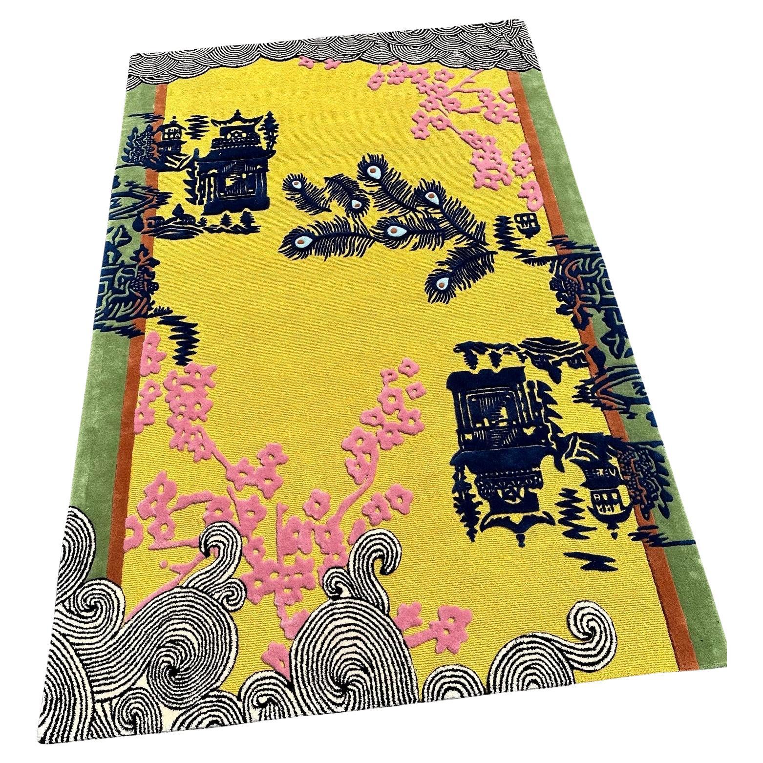 Contemporary Vintage Japanese Ancient Style with Mustard Colours Teppich von Rag Home im Angebot