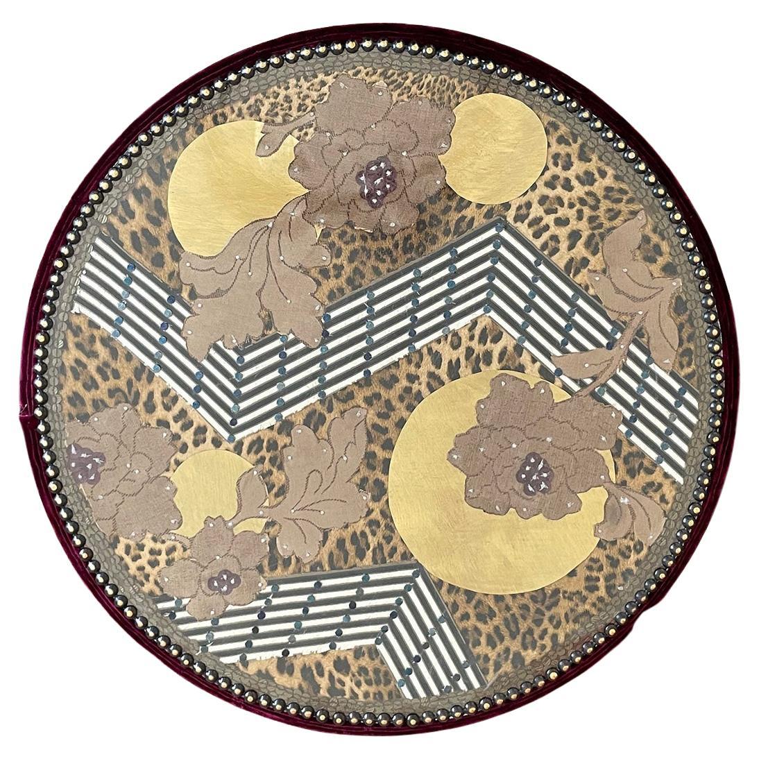 Contemporary Vintage Jokes Coffee Table Wood Velvet Burgundy Green Animalier For Sale