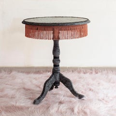 Contemporary Vintage Jokes Round Coffee Table Wood Velvet Pink & Powder Blue