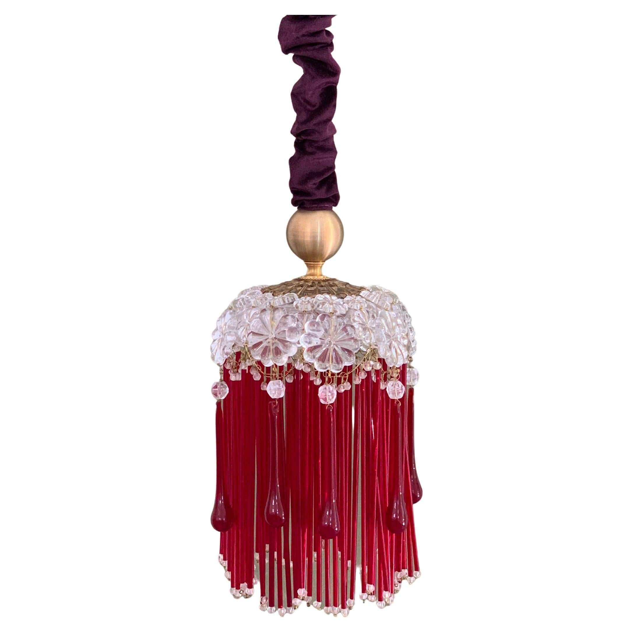 Contemporary Vintage Jokes Suspension Lamp Glass Velvet Brass Red Gold For Sale