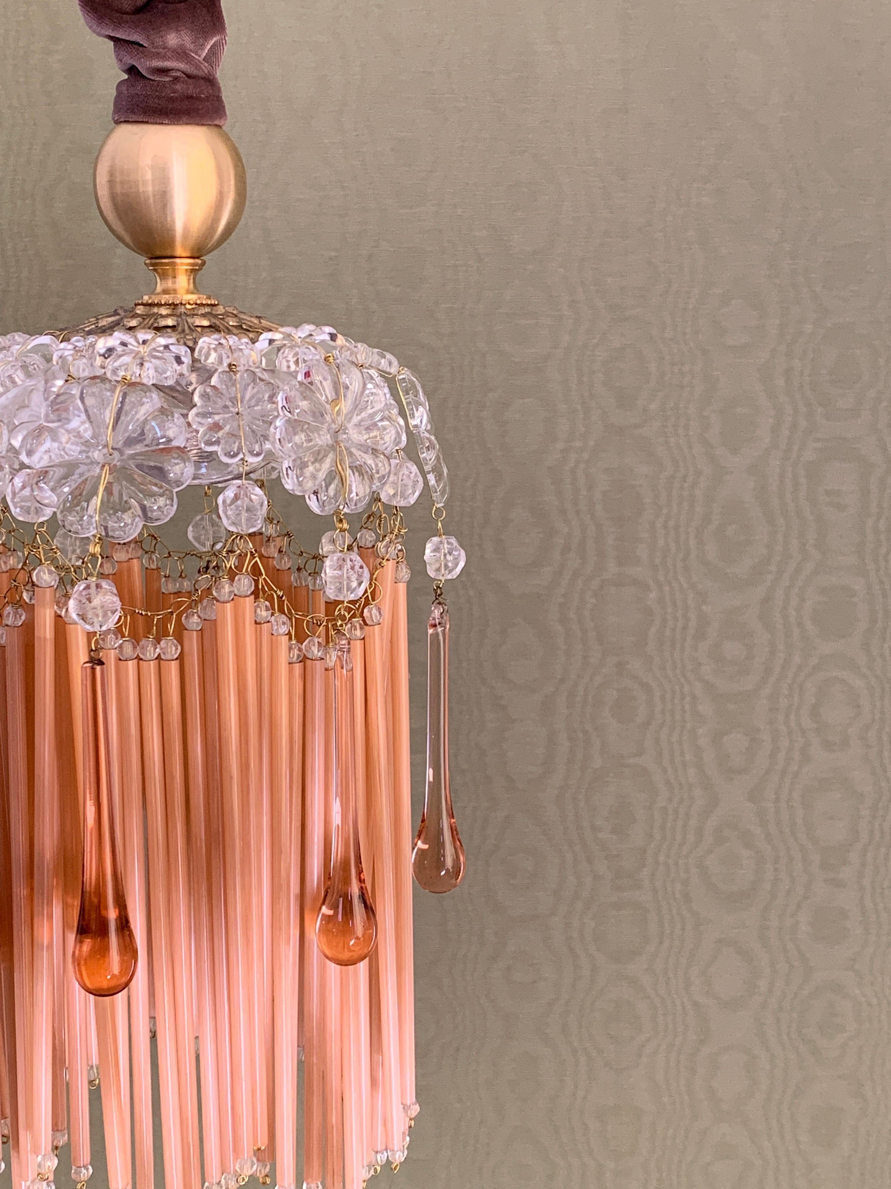 Modern Contemporary Vintage Jokes Suspension Lamp Glass Velvet Brass Salmon Pink Gold For Sale