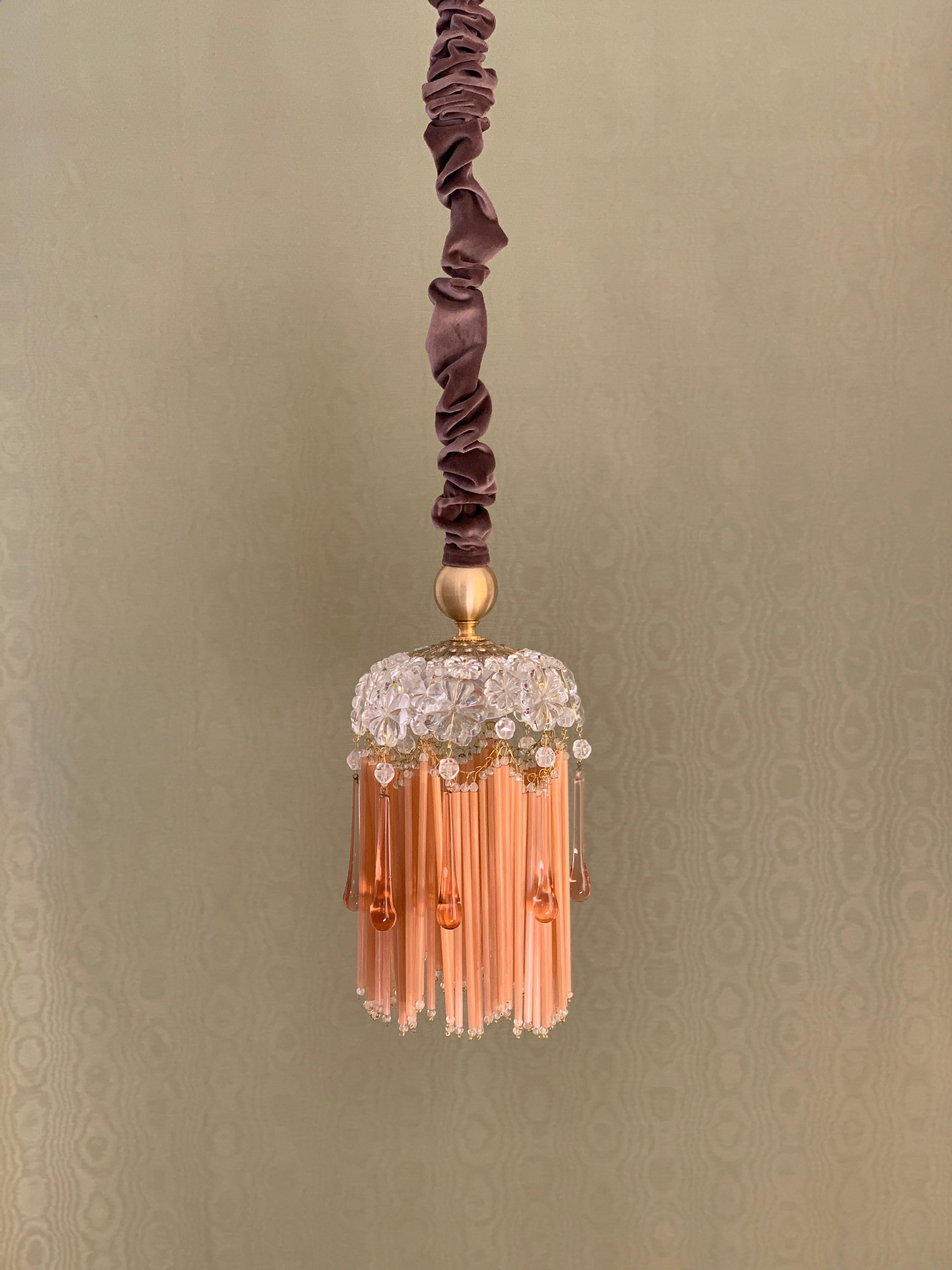 Italian Contemporary Vintage Jokes Suspension Lamp Glass Velvet Brass Salmon Pink Gold For Sale