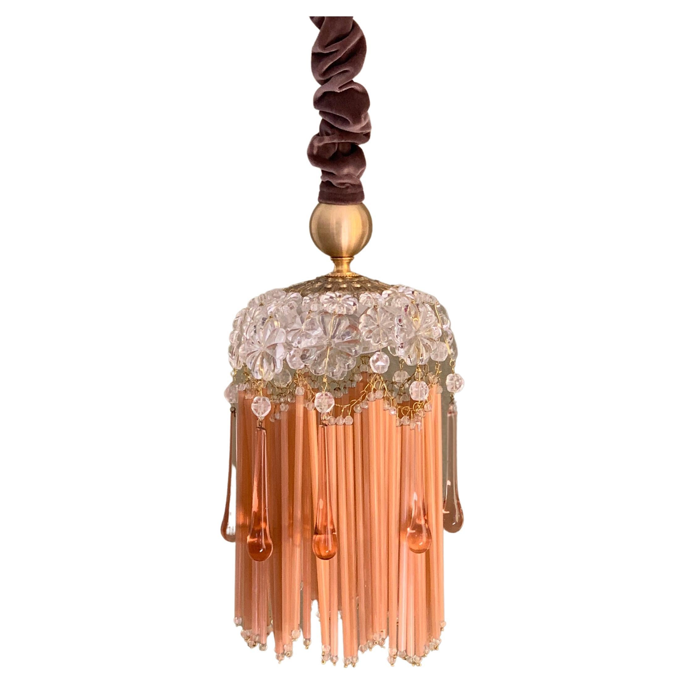 Contemporary Vintage Jokes Suspension Lamp Glass Velvet Brass Salmon Pink Gold For Sale